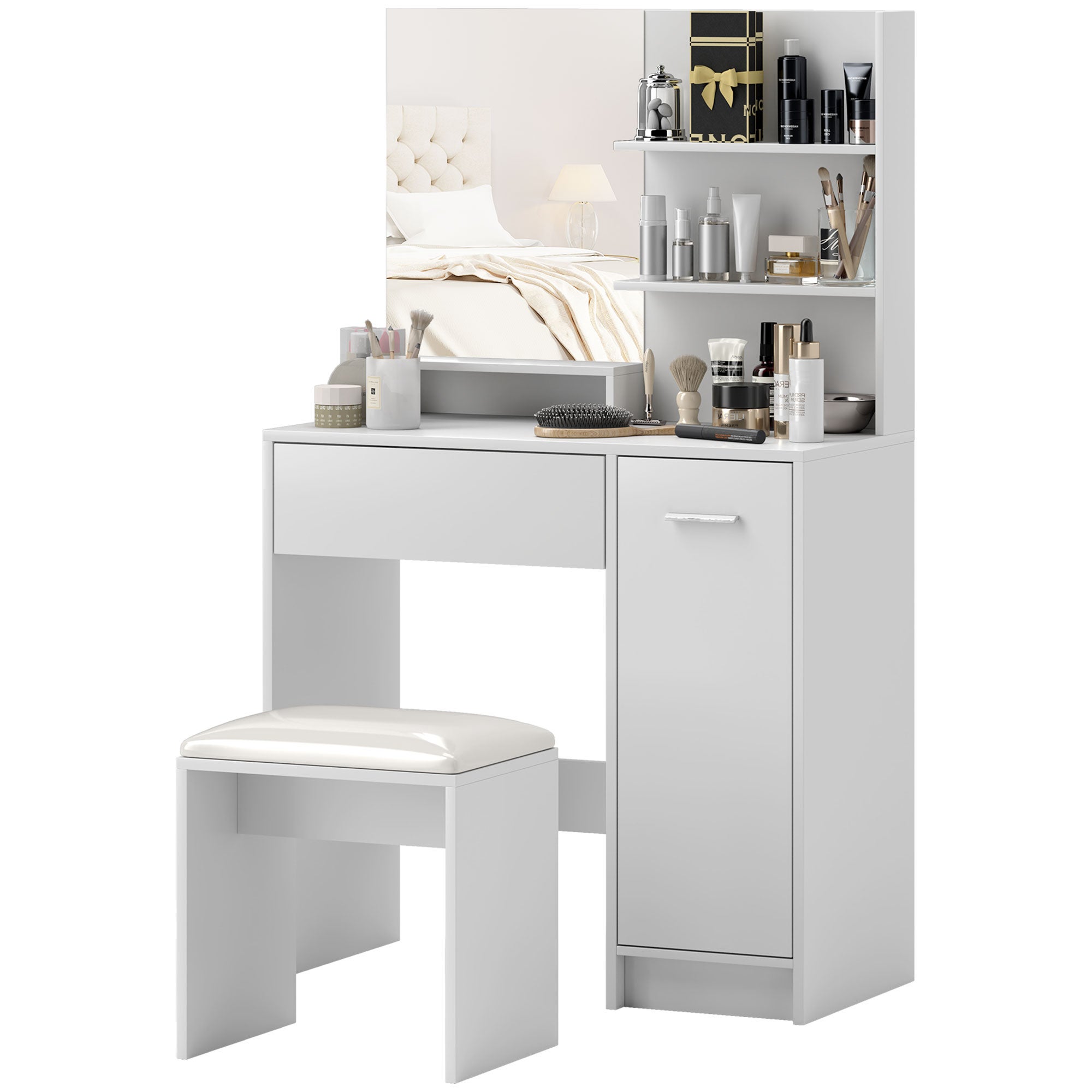 HOMCOM Tavolo da Trucco con Specchio e Sgabello in Legno Bianco | Italy