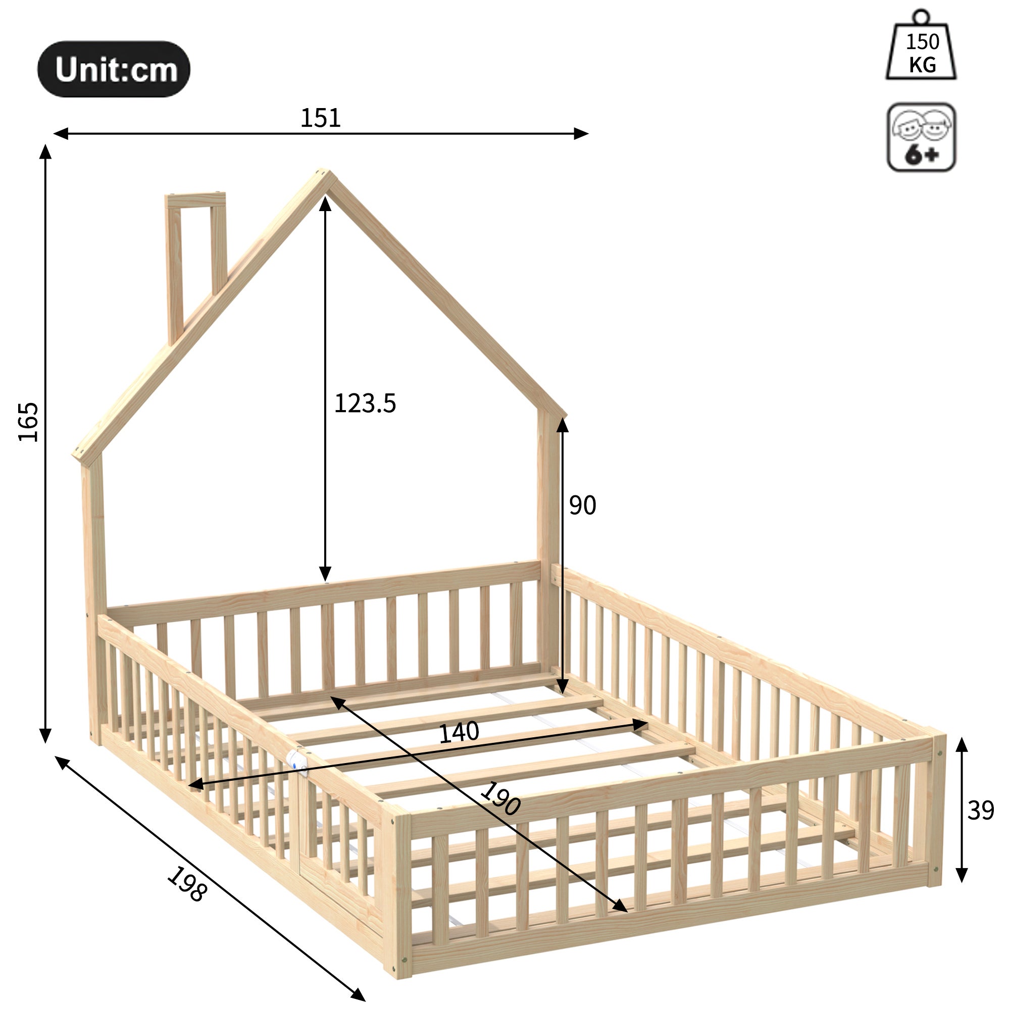 Lit de Sol 140 x 190 cm avec porte ouvrable, Montessori lit cabane avec sommier à lattes, lit enfants en bois de Pin et MDF, naturel (sans Matelas) - 4