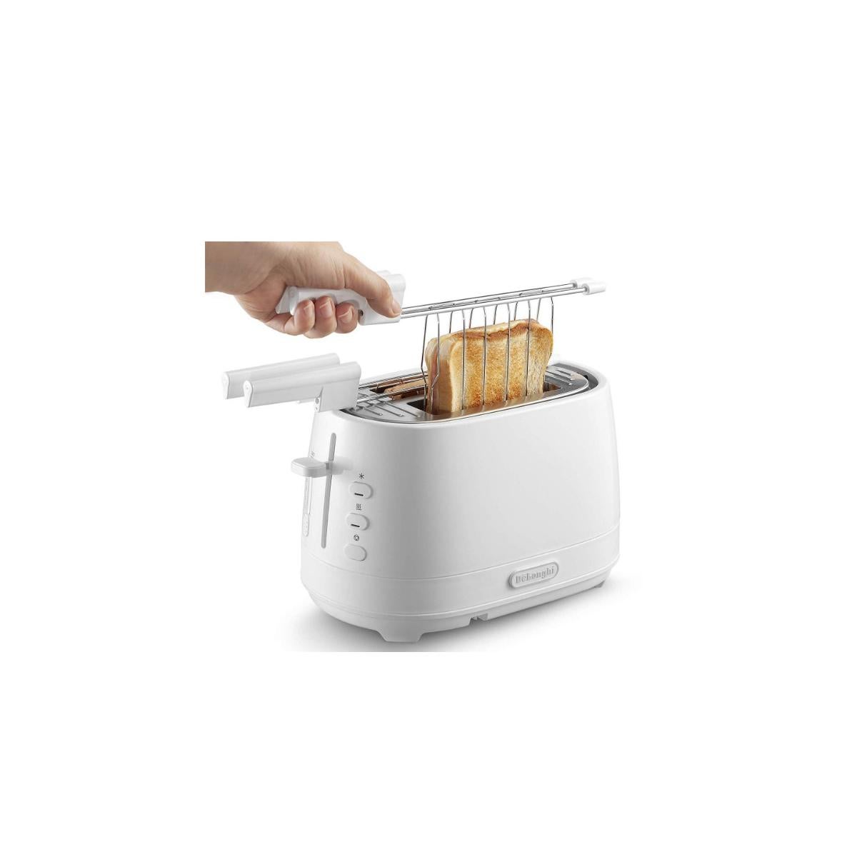 De'Longhi CTLAP2203.W Tostapane con Pinze, Controllo Progressivo del Grado di Tostatura, Indicatori Luminosi, Cassetto Raccoglibriciole, Piedini Antis