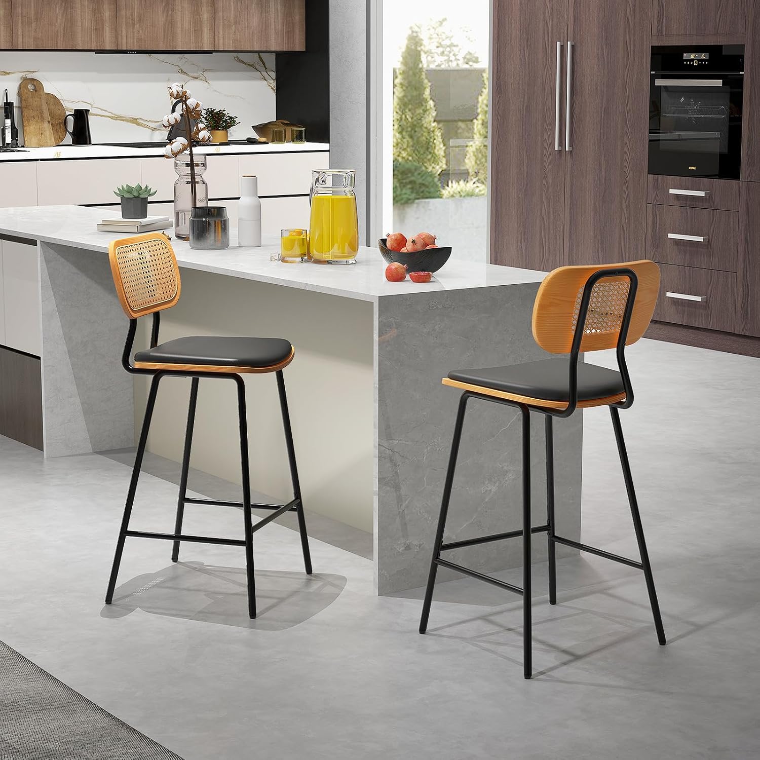 Zestaw 2 Stołków Barowych z Oparciem z Rattanu, Metalowymi Nogami, Krzesłami do Jadalni z Wygiętym Siedziskiem z Tapicerką i 3-Stronnym Podnóżkiem - 2