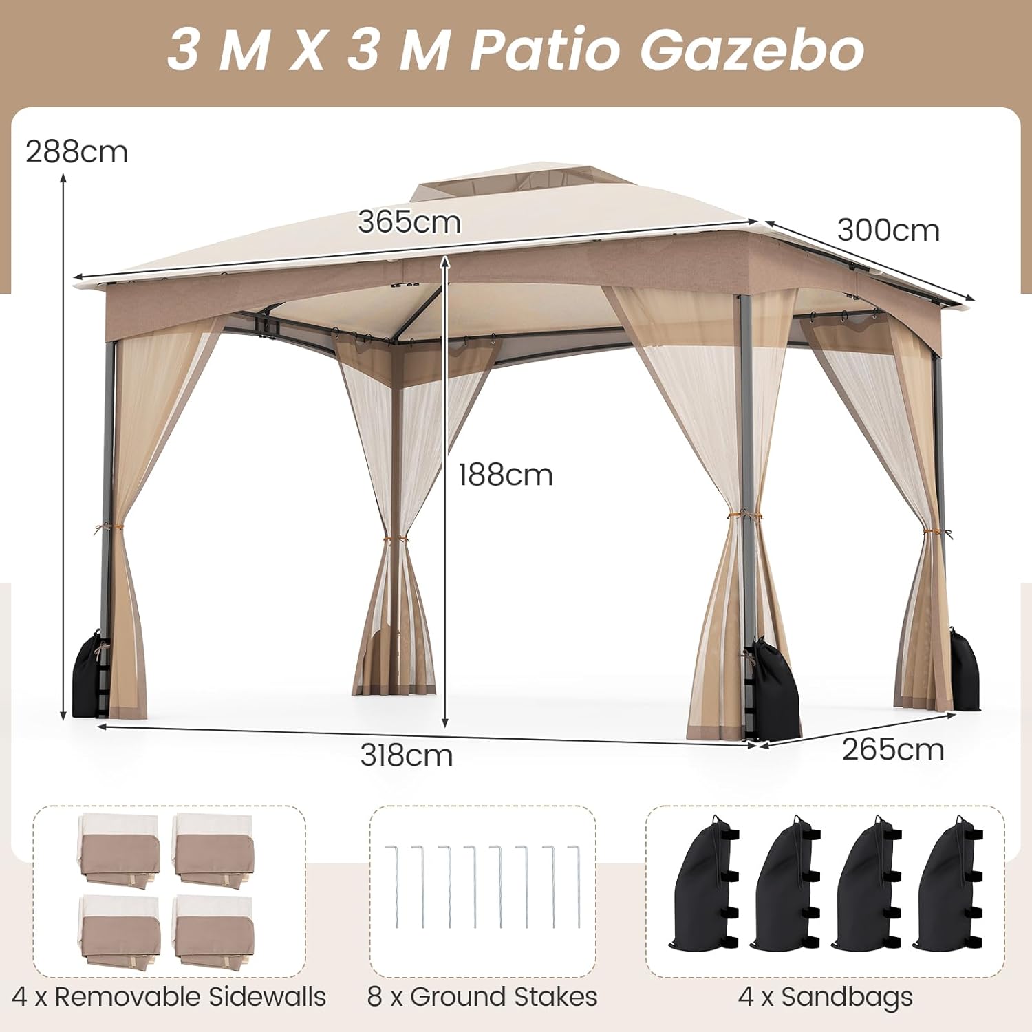 Tonnelle de Jardin Extérieur 3 x 3,6 m avec Moustiquaire, Lestage, Poids, Pergola Jardin, Toit Double Ventilé, Piquets de Sol, 4 Sacs de Sable, Beige - 2