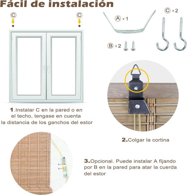 Solagua Estor Bambú Enrollable para Ventana y Puerta, 14 Medidas Estores 100% Bamboo, Cortina Persiana Incluye Accesorios (60x175cm,Roble) - 5