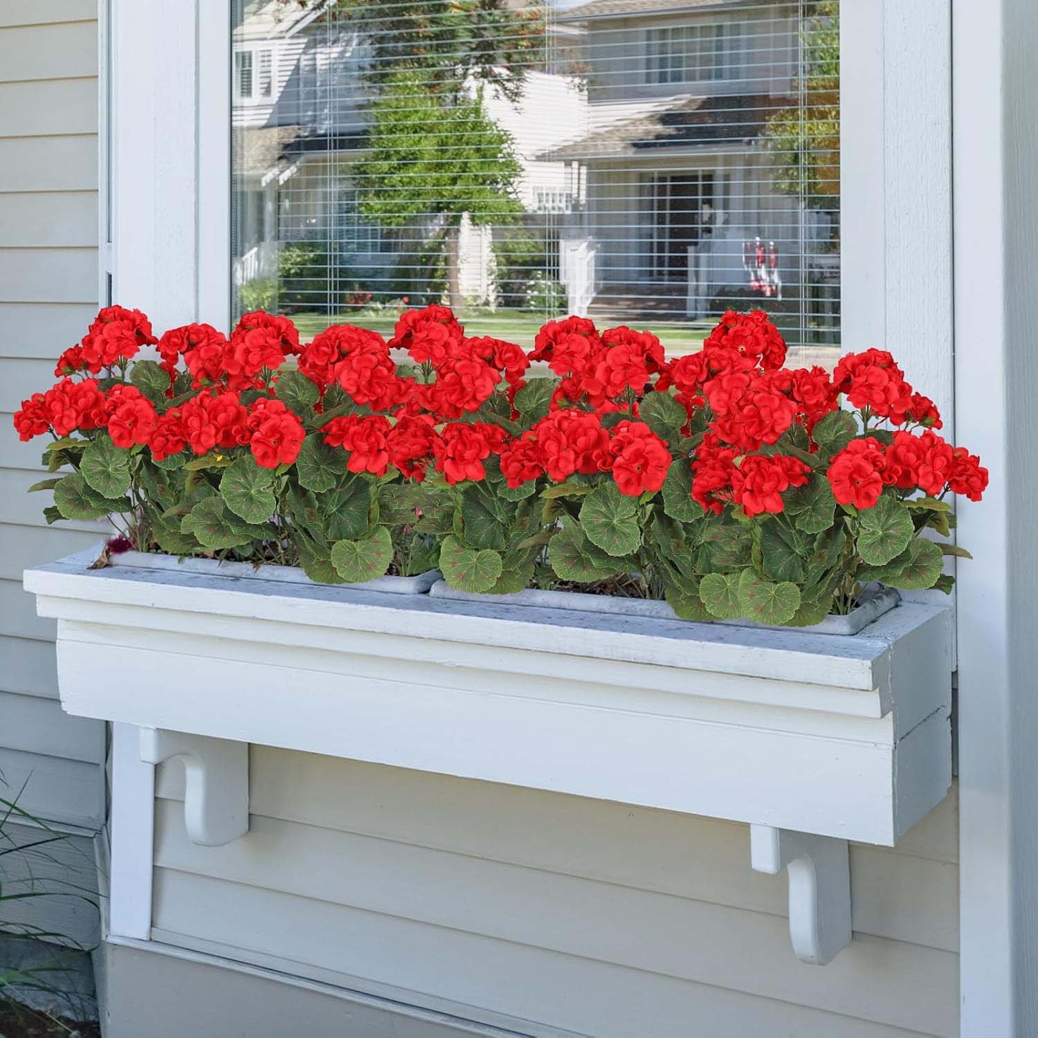 7 ramos geranios rojos artificiales resistentes a los rayos UV, flores para cementerio, balcón, jardín, hogar, primavera, decoración - 2
