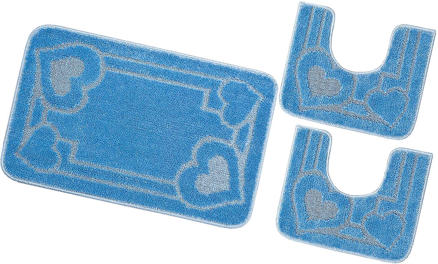 Juego de 3 alfombrillas de baño para inodoro lavabo moderna suave antideslizante absorbente color sólido corazón azul claro