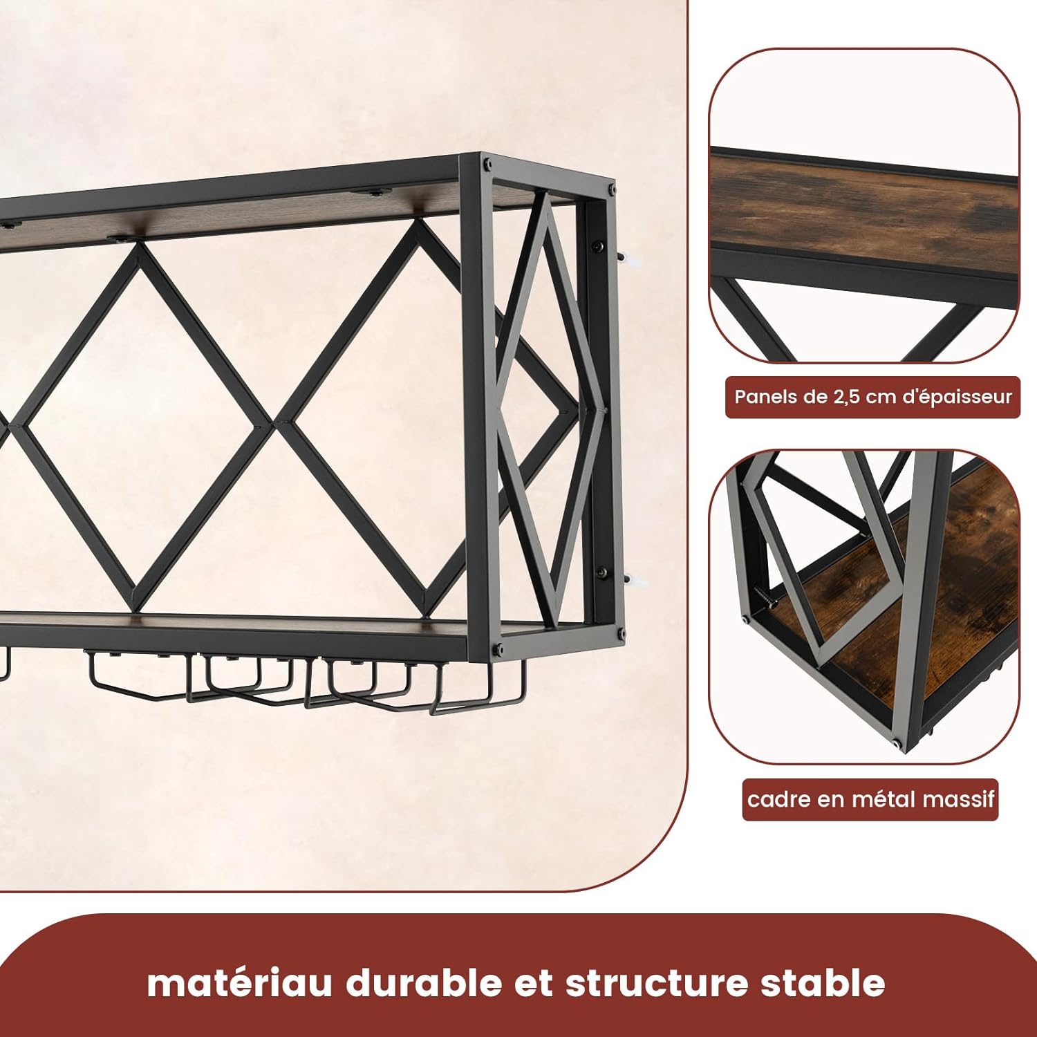 Soporte de Pared para Botellas de Vino, Estantería de Vino Industrial con Portabotellas para 39 Botellas y 12 Copas, Estante de Almacenamiento - 4