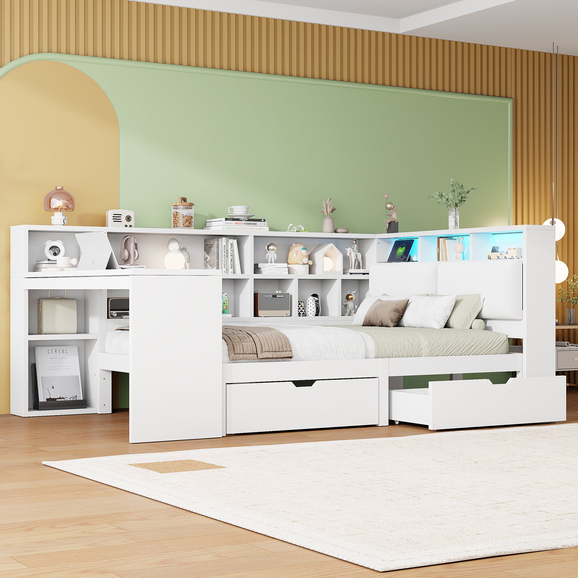 Łóżko platformowe L-kształtne 140x200 z biurkiem, regałem - biało, drewno, LED