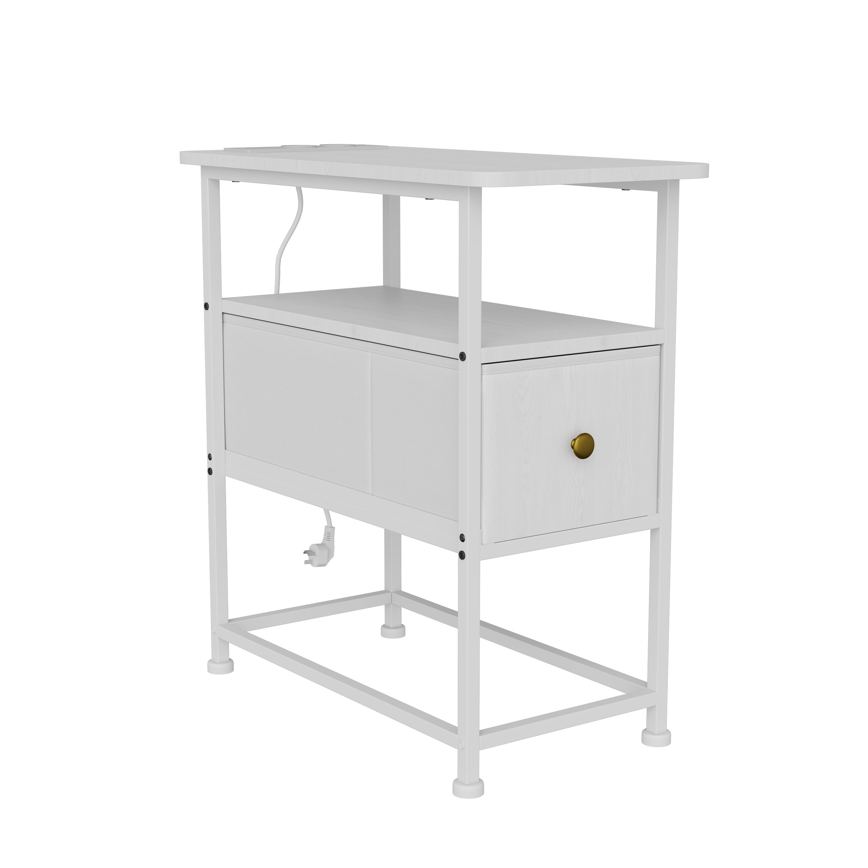 Table d'Appoint avec tiroirs - prise électrique incluse, structure en métal, pieds antidérapants, espace de rangement ouvert - 60x30x62 cm - blanche - 7