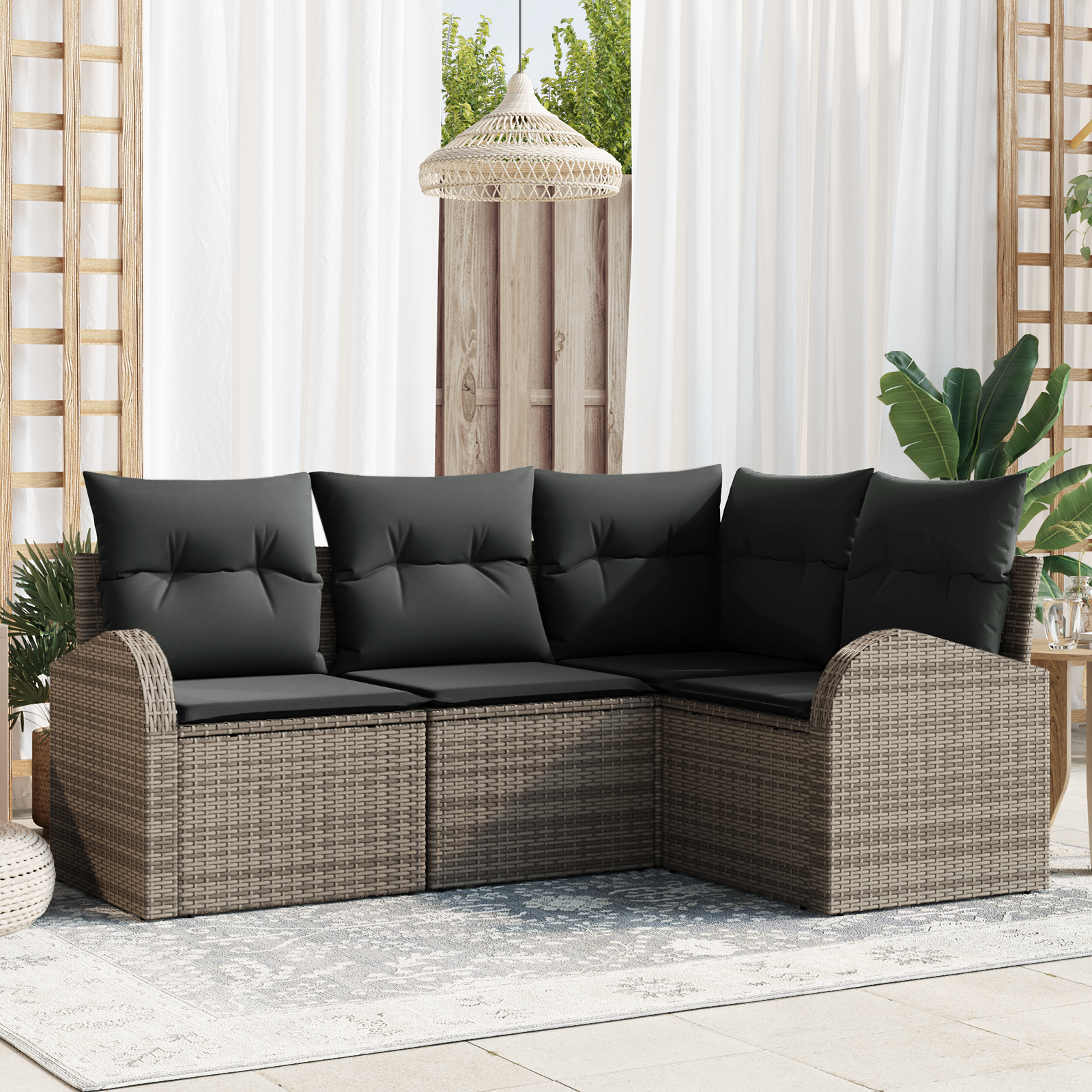 Set di divani da giardino in pezzi con cuscini grigio in rattan