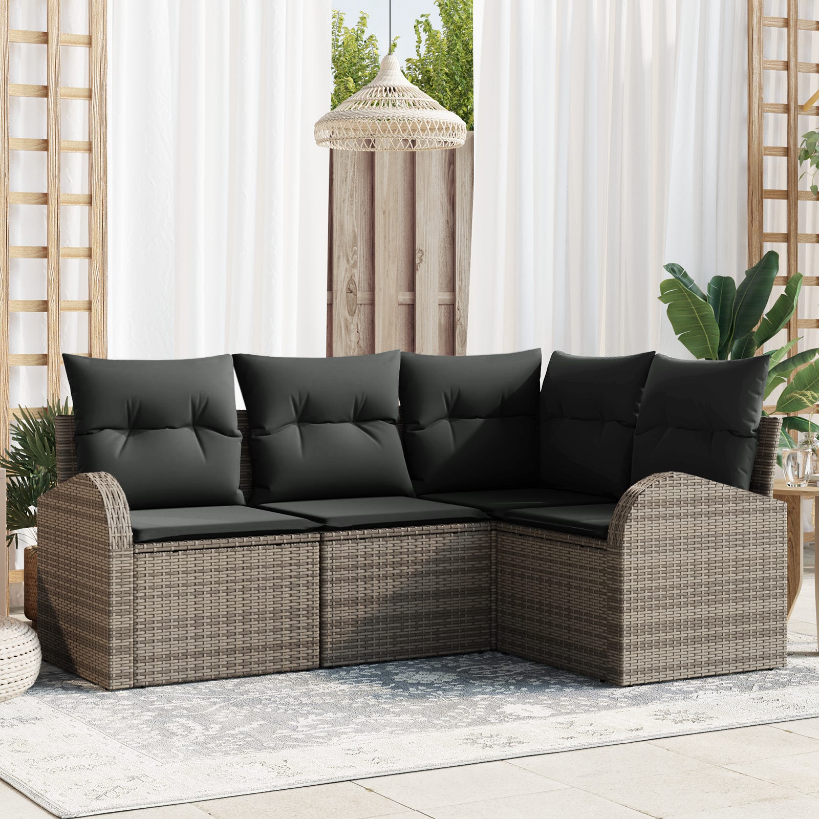 Set di divani da giardino in pezzi con cuscini grigio in rattan