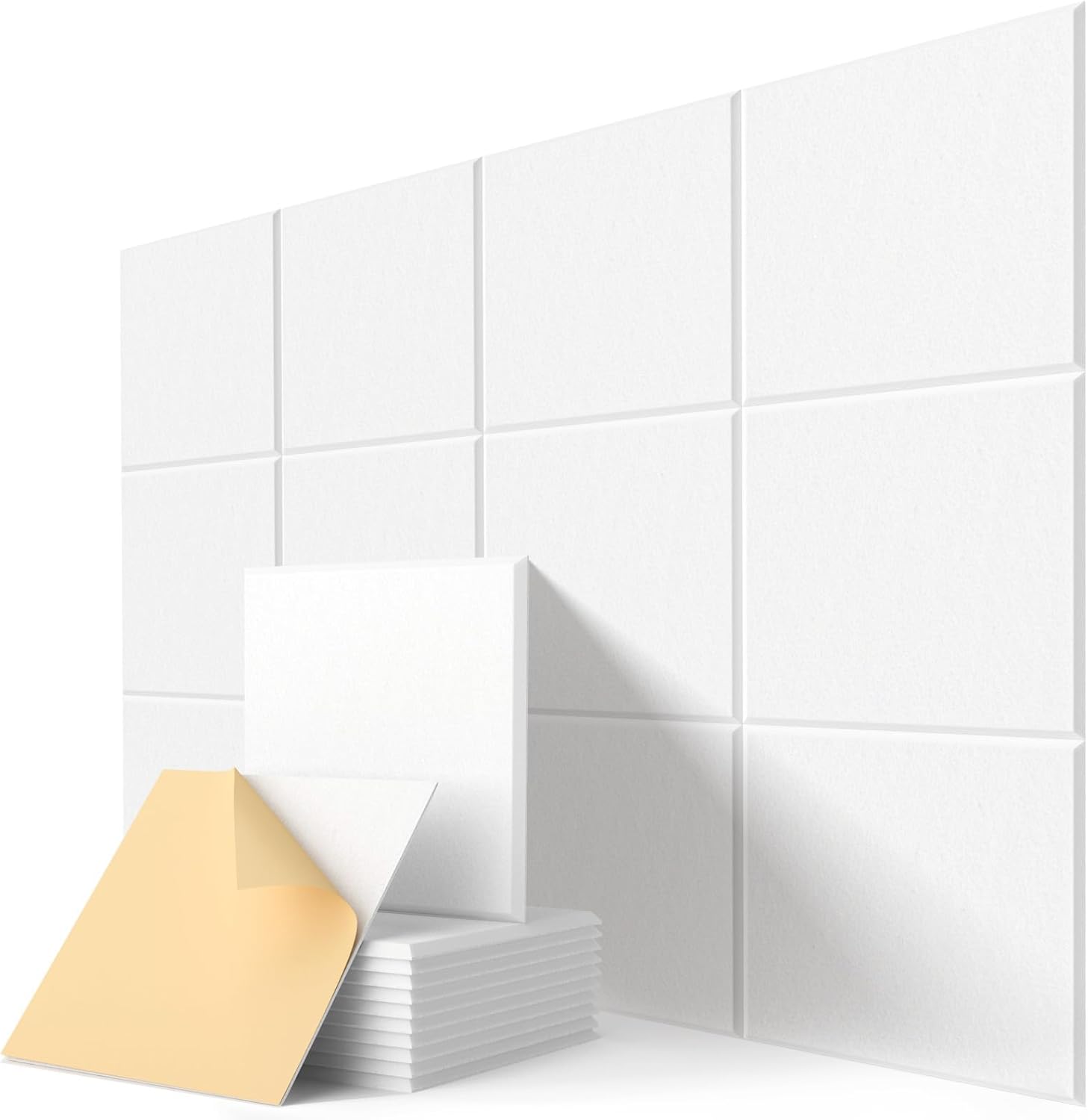 Kwadratowe panele akustyczne ścienne, samoprzylepne, 30 cm x 30 cm x 9 mm, białe, do kawalerek, sypialni i apartamentów, opakowanie 22 szt.