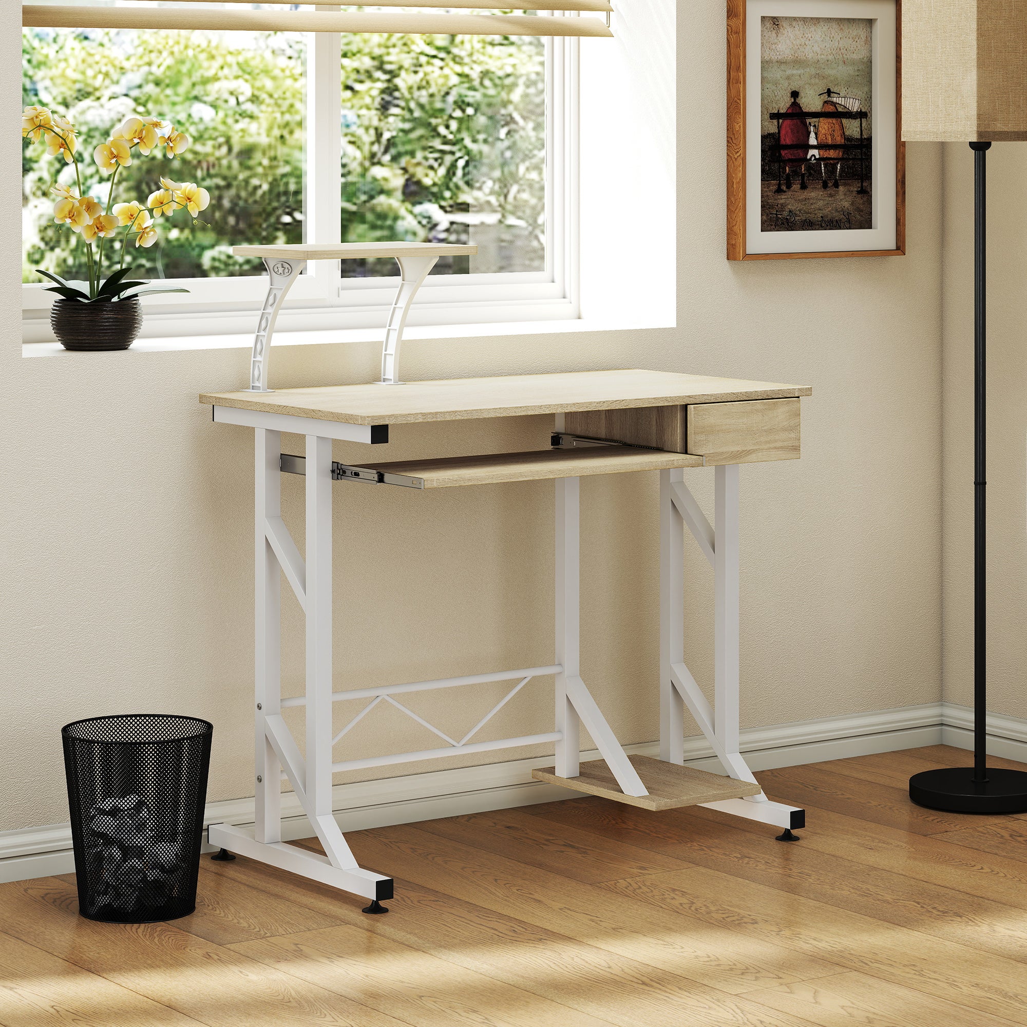 Homcom Mesa De Ordenador Metal, Mdf Roble 90X50x100 Cm Claro/Blanco , Leroy Merlin