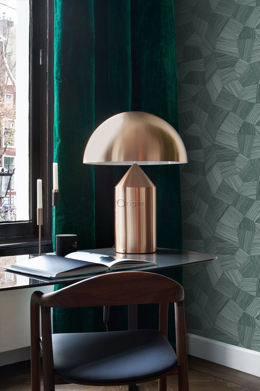 Papel de parede não tecido de textura ecológica gráfico 3D verde petróleo - 53 cm x 10.05 m - Origin Wallcoverings - 2