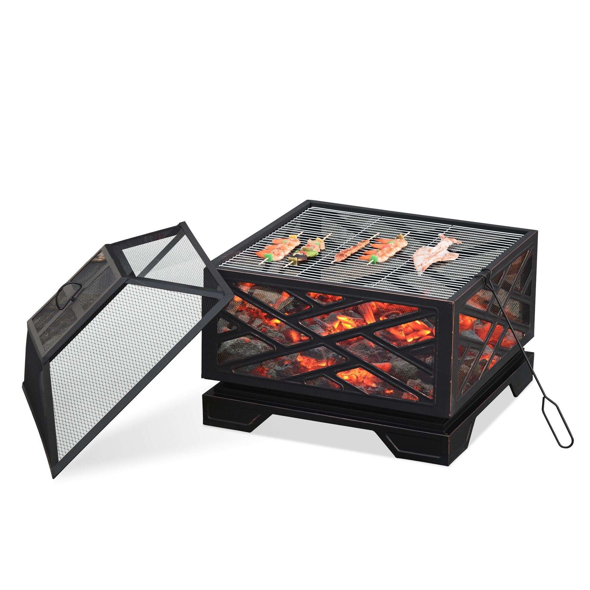 Brasero con protección contra chispas, cesta para brasero con rejilla y atizador, parrilla para barbacoa 2 en 1, metal, negro, 66 x 66 x 66 cm - 8