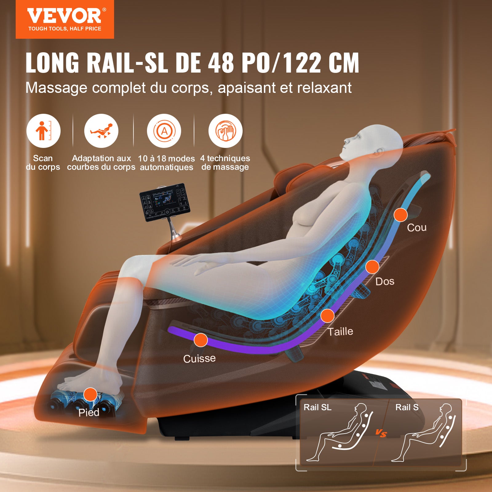 Fauteuil de massage 3D Shiatsu SL Rail Zero Gravity 10-18 modes Chauffage Haut-parleur Bluetooth 160 kg SucceBuy - 6