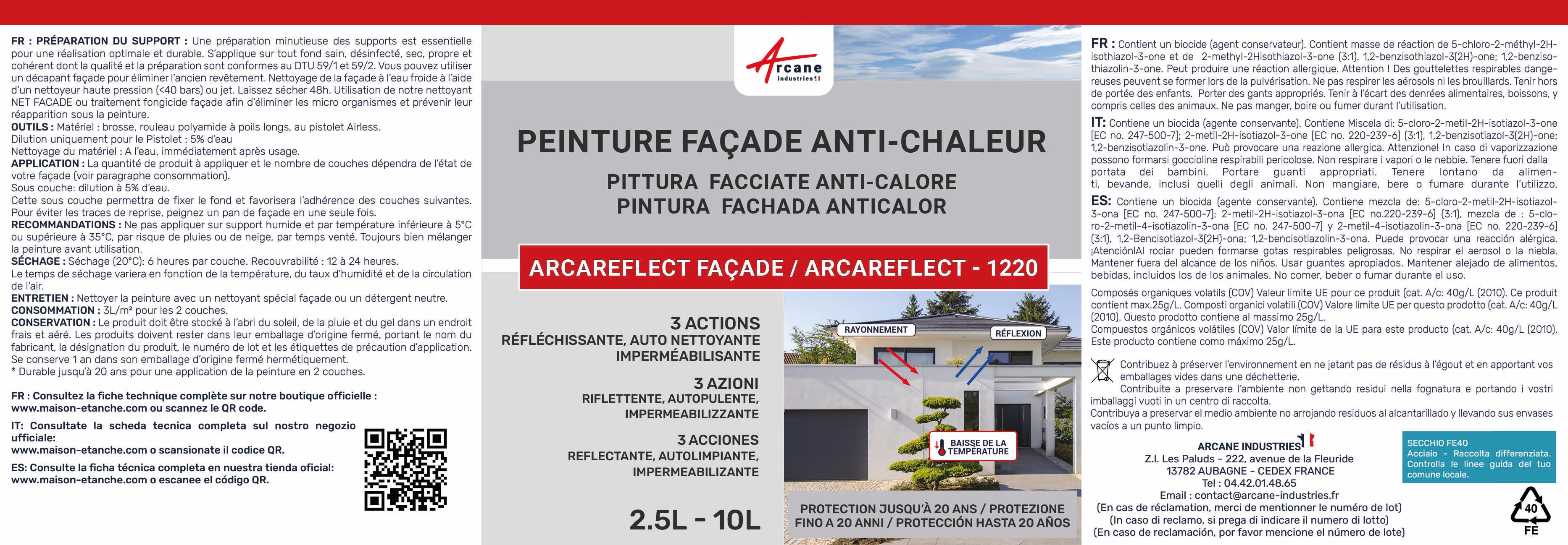 Peinture réfléchissante, anti-chaleur : ARCAREFLECT FAÇADE (existe aussi pour destination toiture) Blanc - 2.5 L - ARCANE INDUSTRIES - 7