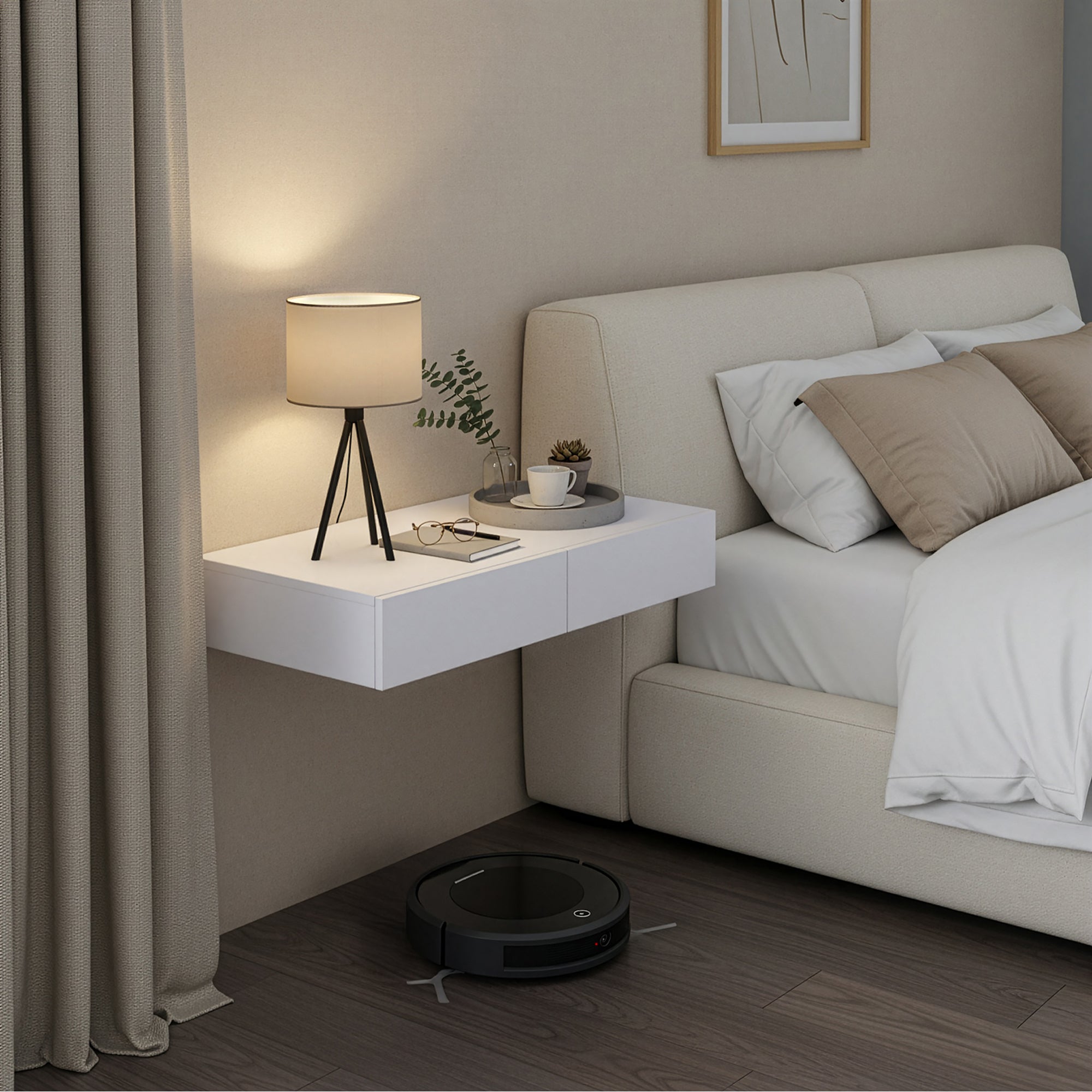Mensola con 2 Cassetti Affiancati Consolle da Parete con Doppio Cassetto Comodino Sospeso 80x35x12 cm - Bianco [en.casa] - 4