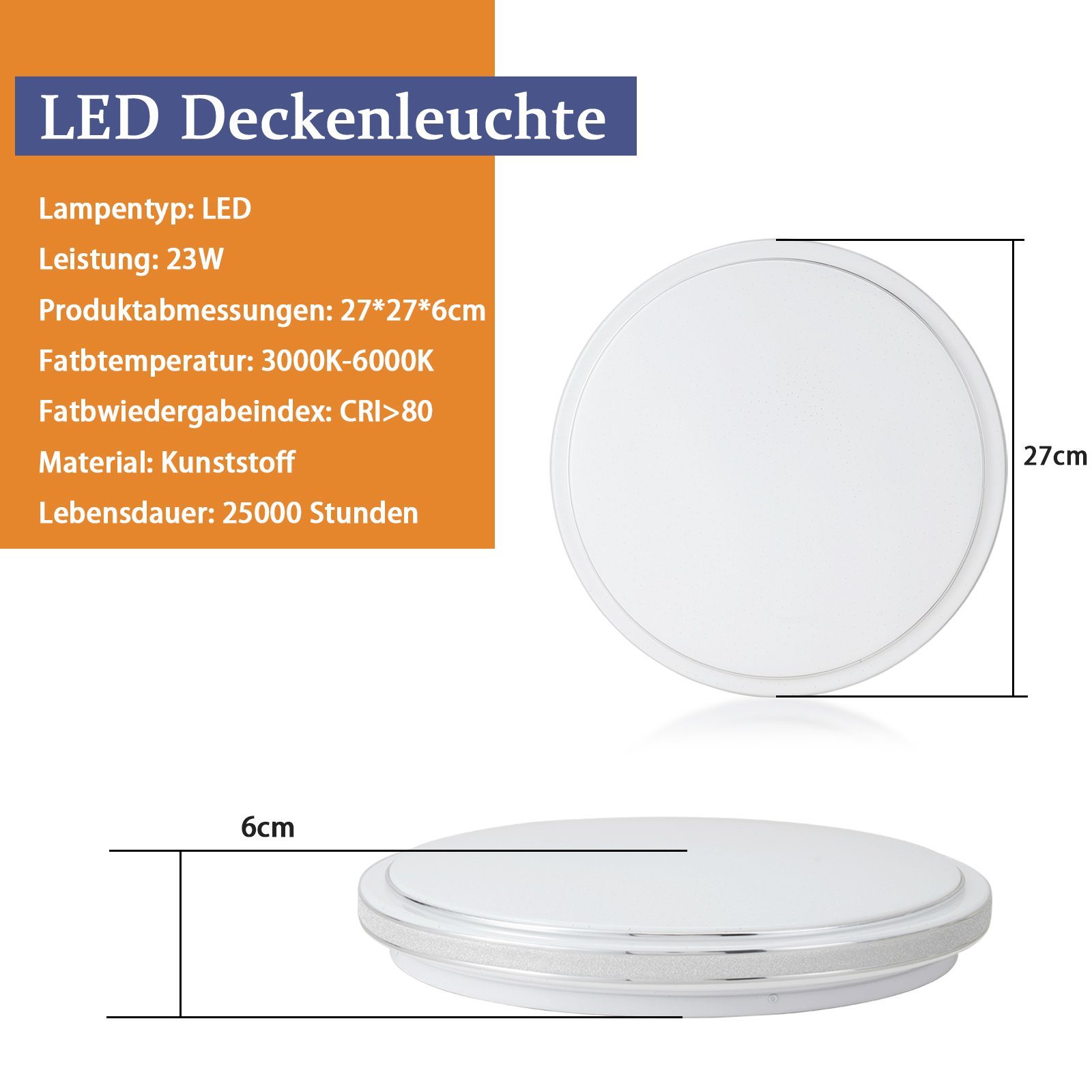 NETTLIFE Lámpara de techo LED redonda moderna, lámpara de dormitorio regulable de 23W con control remoto, lámpara de cielo estrellado de 27cm - 7