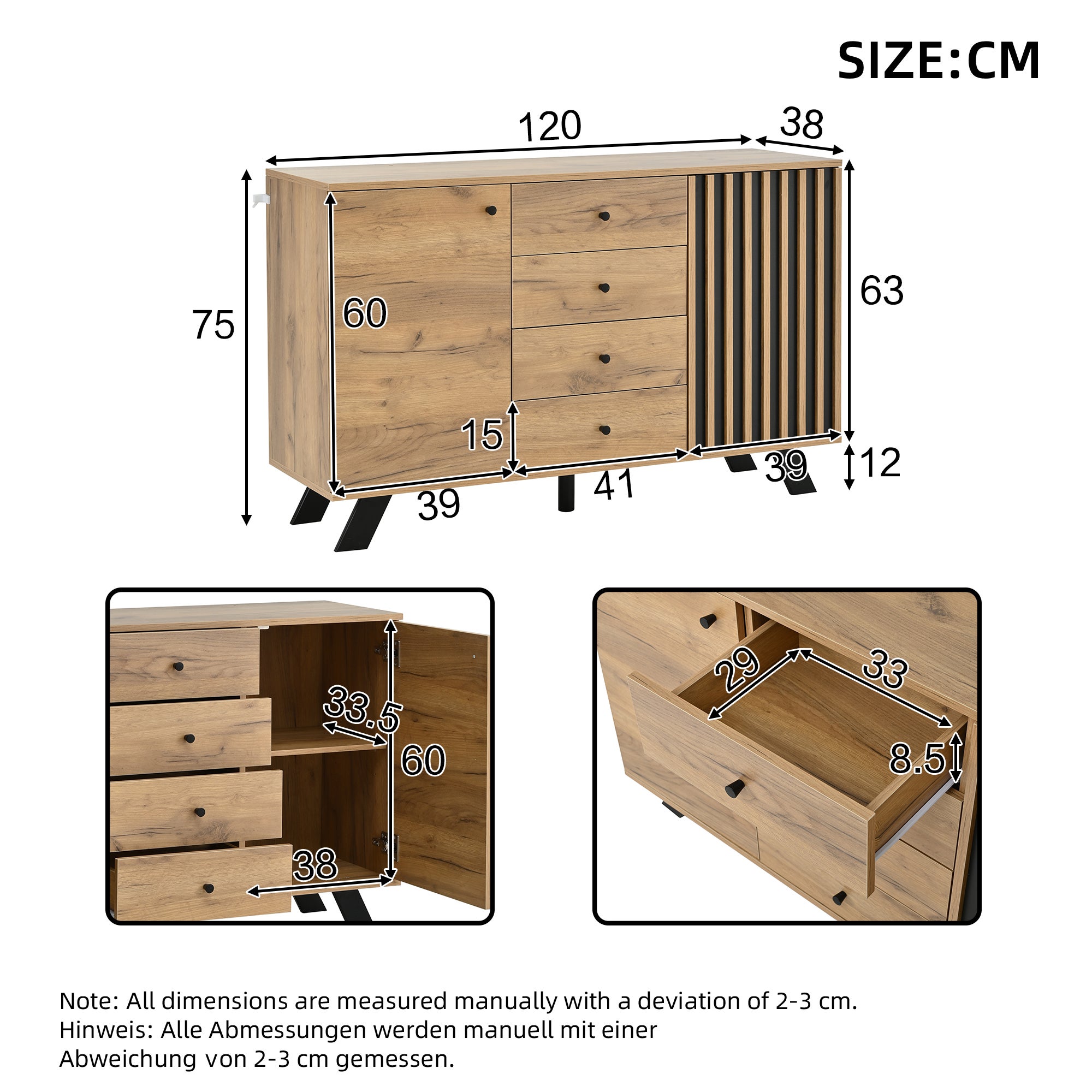Buffet 120x38x75cm - 4 tiroirs et 2 portes - avec 5 pieds en bois massif - MDF - naturel - 6