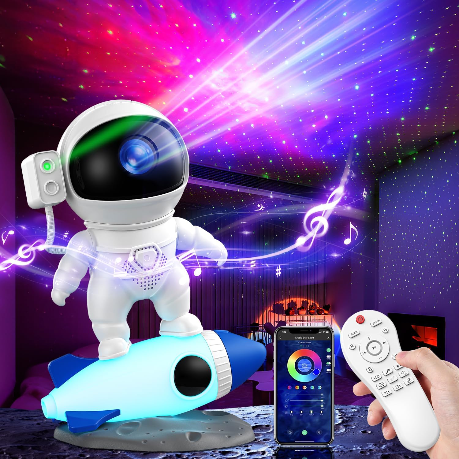 Proyector led de cielo estrellado y astronauta, luz nocturna de galaxia con temporizador, control remoto, lámpara de proyección de altavoz bluetooth