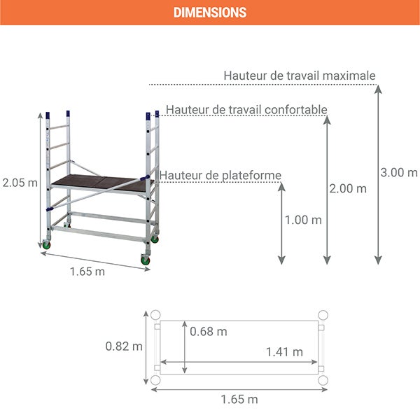 Echafaudage roulant alu - Hauteur de travail maximale de 3.00m. - AL205 - 2