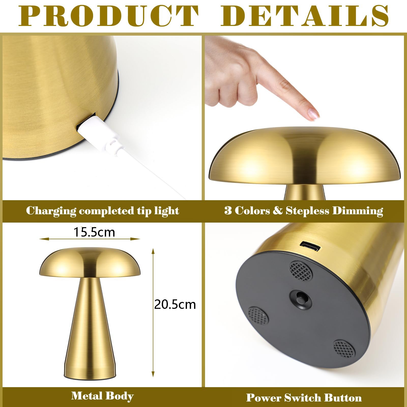 Lampe de table champignon sans fil, lampe de table tactile en métal, lumière tricolore, luminosité réglable en continu, adaptée aux restaurants (doré) - 3