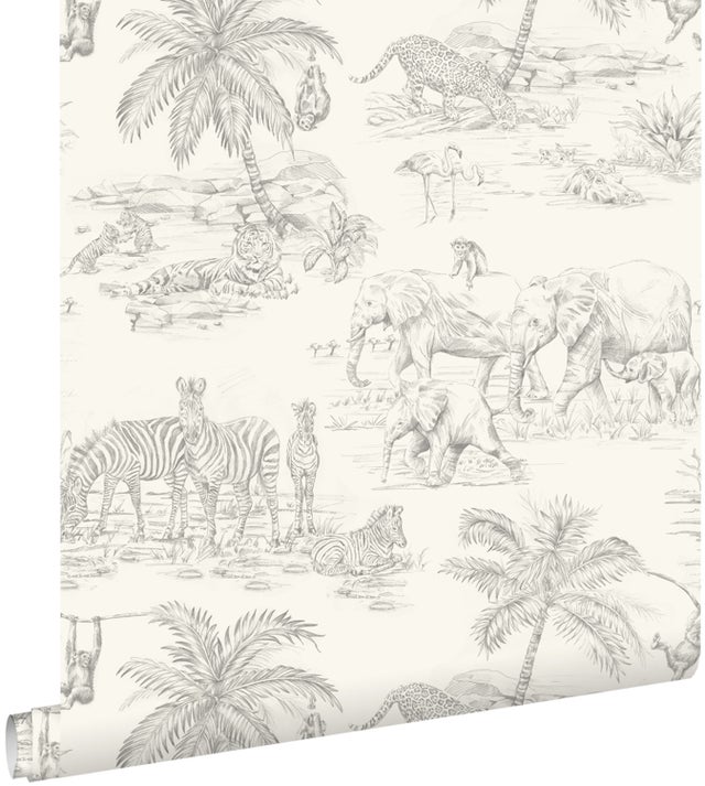 Papel de parede toile de Jouy selva cinzento e branco - 50 x 900 cm - ESTAhome