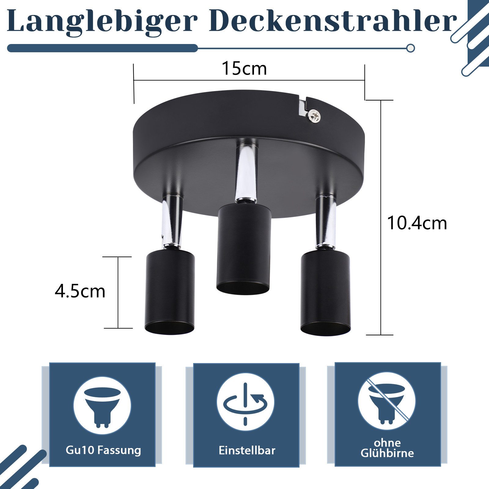 ZMH Lámpara de Techo LED GU10 - 3 Focos de Techo Redondos Modernos de 350° para Cocinas Pasillo Dormitorio Sala de Estar - Sin Bombilla Negro - 3