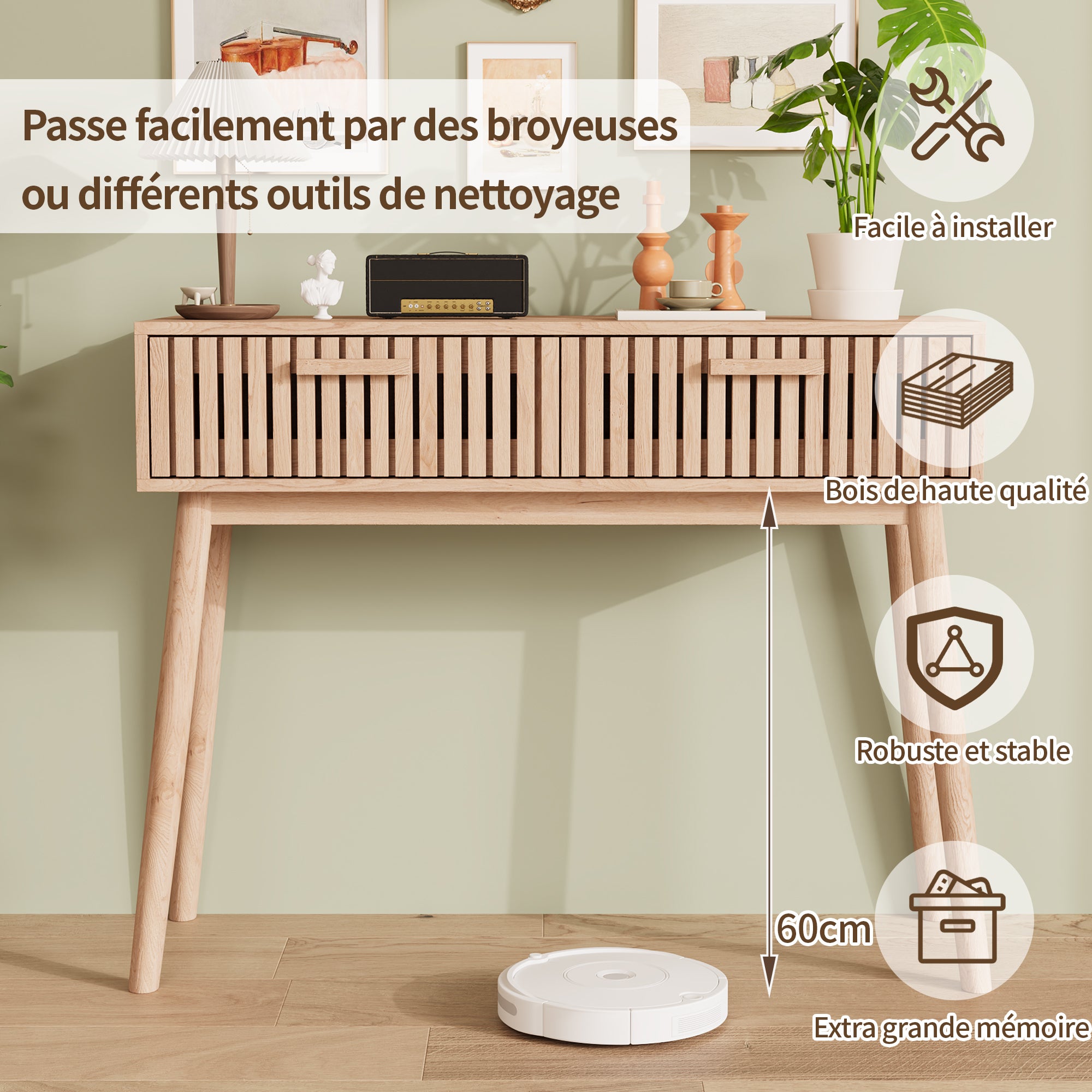 Console en Bois avec 2 Tiroirs pour Salon ou Entrée, Style naturel, Table Console, Table d’Appoint, 100x35x80cm - 5