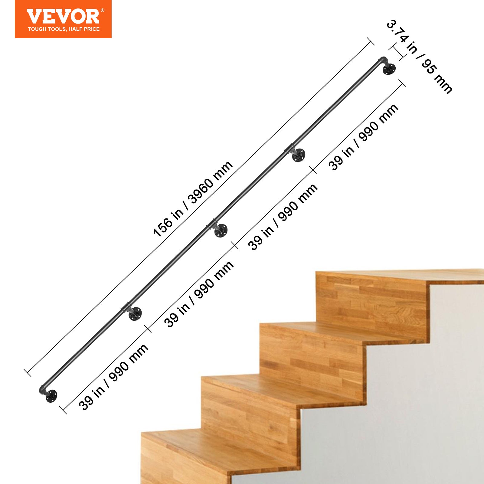 Rampe Escalier Murale VEVOR 3,96m Main Courante Acier Carbone Garde-Corps Métal Capacité Charge 200 kg/Tube Rambarde 4 Tubes 32 mm 5 Supports Muraux - 7
