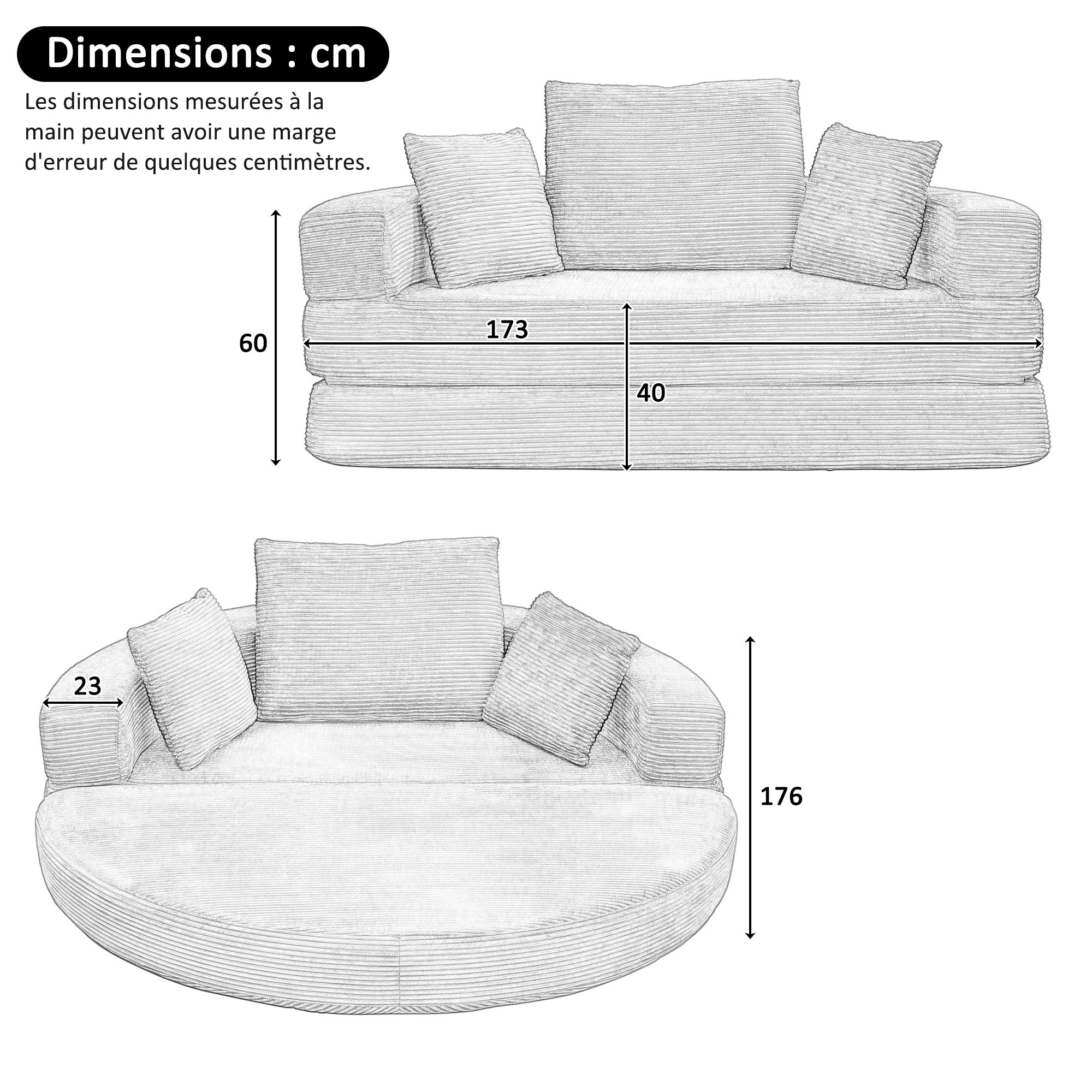 Canapé rond pliable 173x176x40cm - avec coussin - tissu en velours côtelé - beige - 5