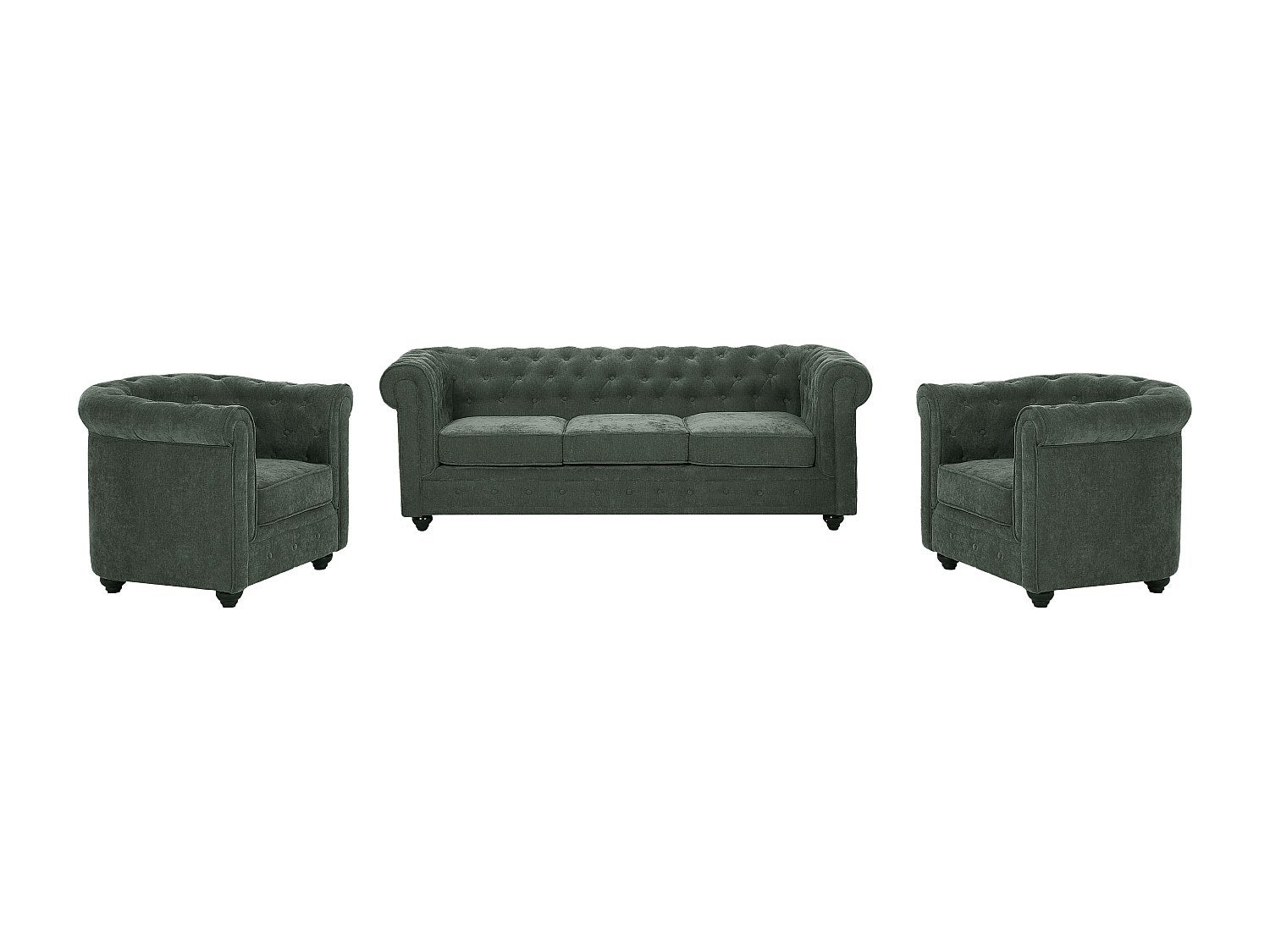 Kanapa 3-osobowa i 2 fotele z zielonej tkaniny CHESTERFIELD