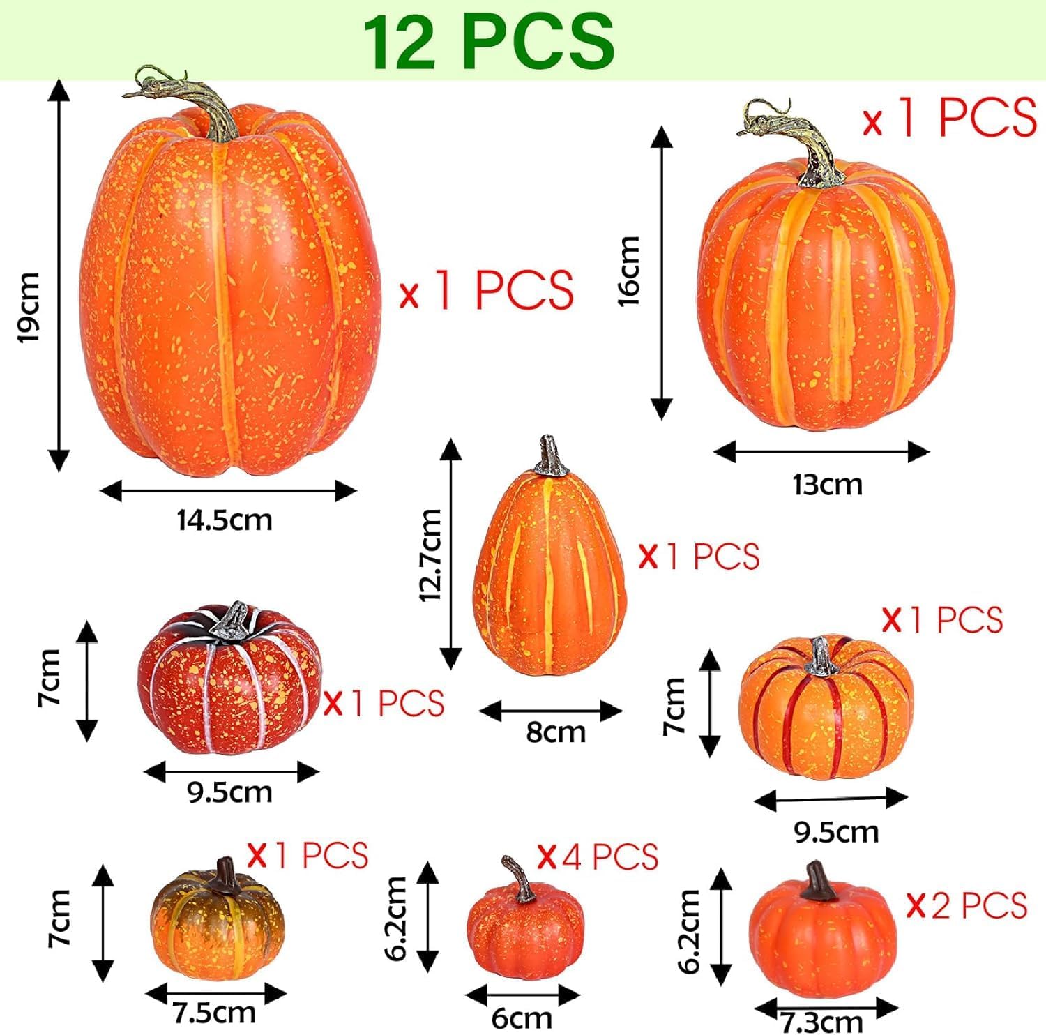 Lot de 7 grandes citrouilles artificielles, tailles assorties, adaptées aux décorations de table, automne, vacances, Halloween, Thanksgiving, orange - 3