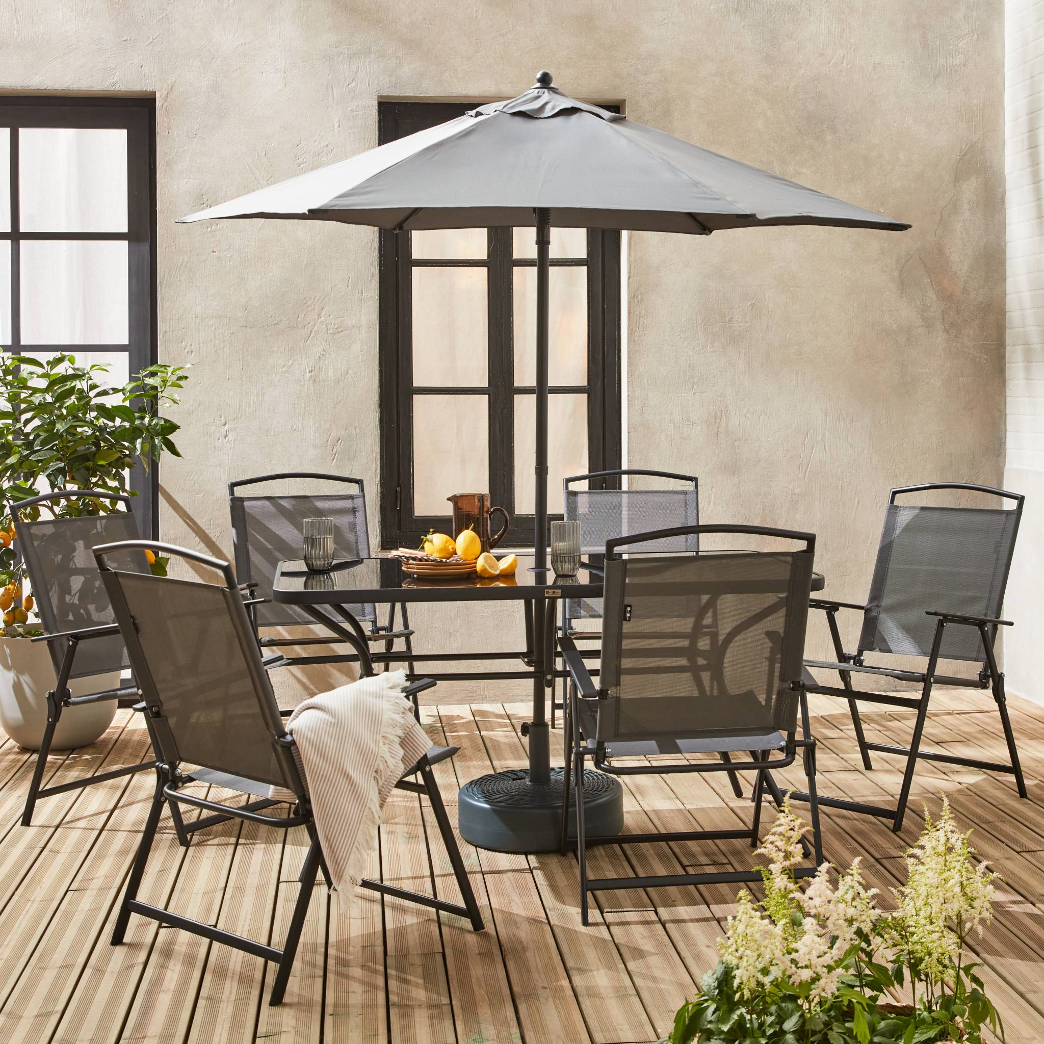 Conjunto mesa de jardín de acero con 6 sillas y 1 sombrilla Gris - 140x80x71.5 cm - 2