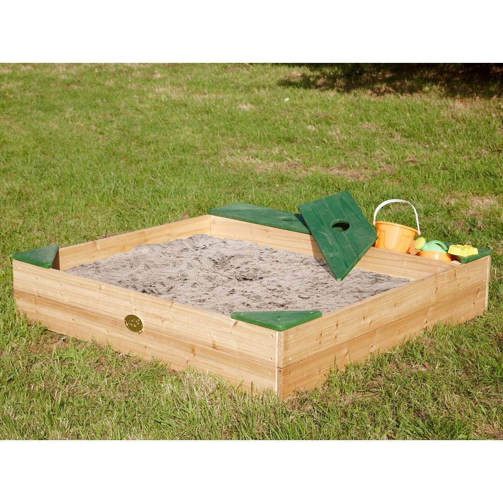 Bac à Sable enfant en bois avec Banc, Bâche & Rangements | marron / vert | AXI Amy 115 x 115 cm - 7