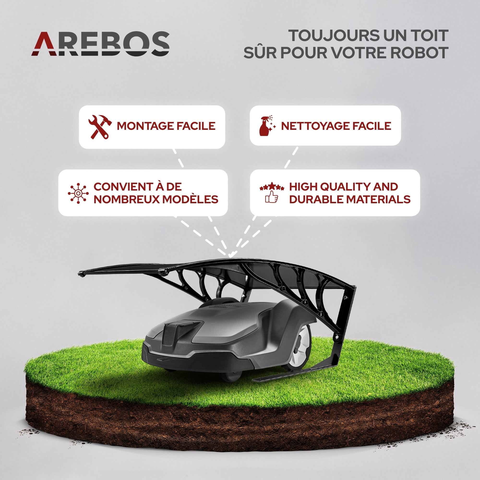 AREBOS Garage de tondeuse robot Abri pour Robot Taille 102 x 79 x 46 cm Résistant aux intempéries + protection UV Noir - 2