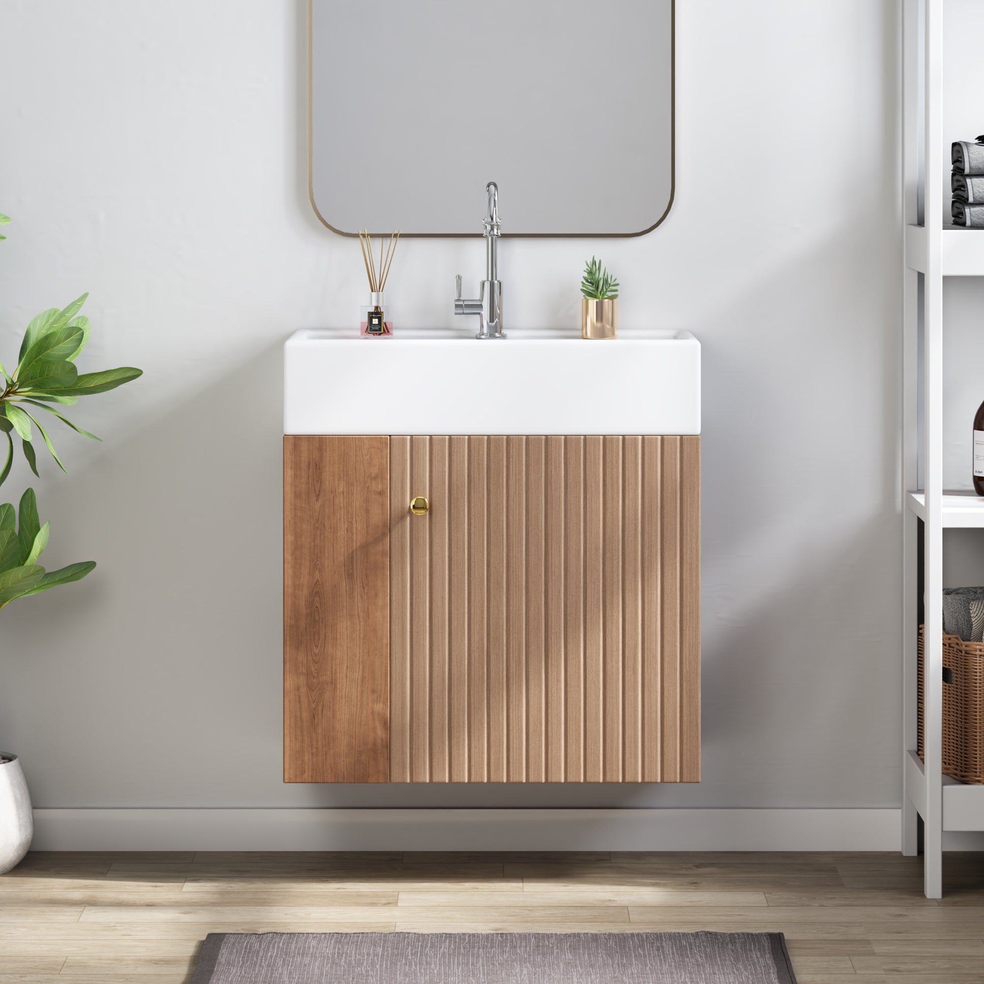 Meuble de salle de bain suspendu avec vasque carreé - 4 compartimrnts - Marron(robinet non inclus) - 8