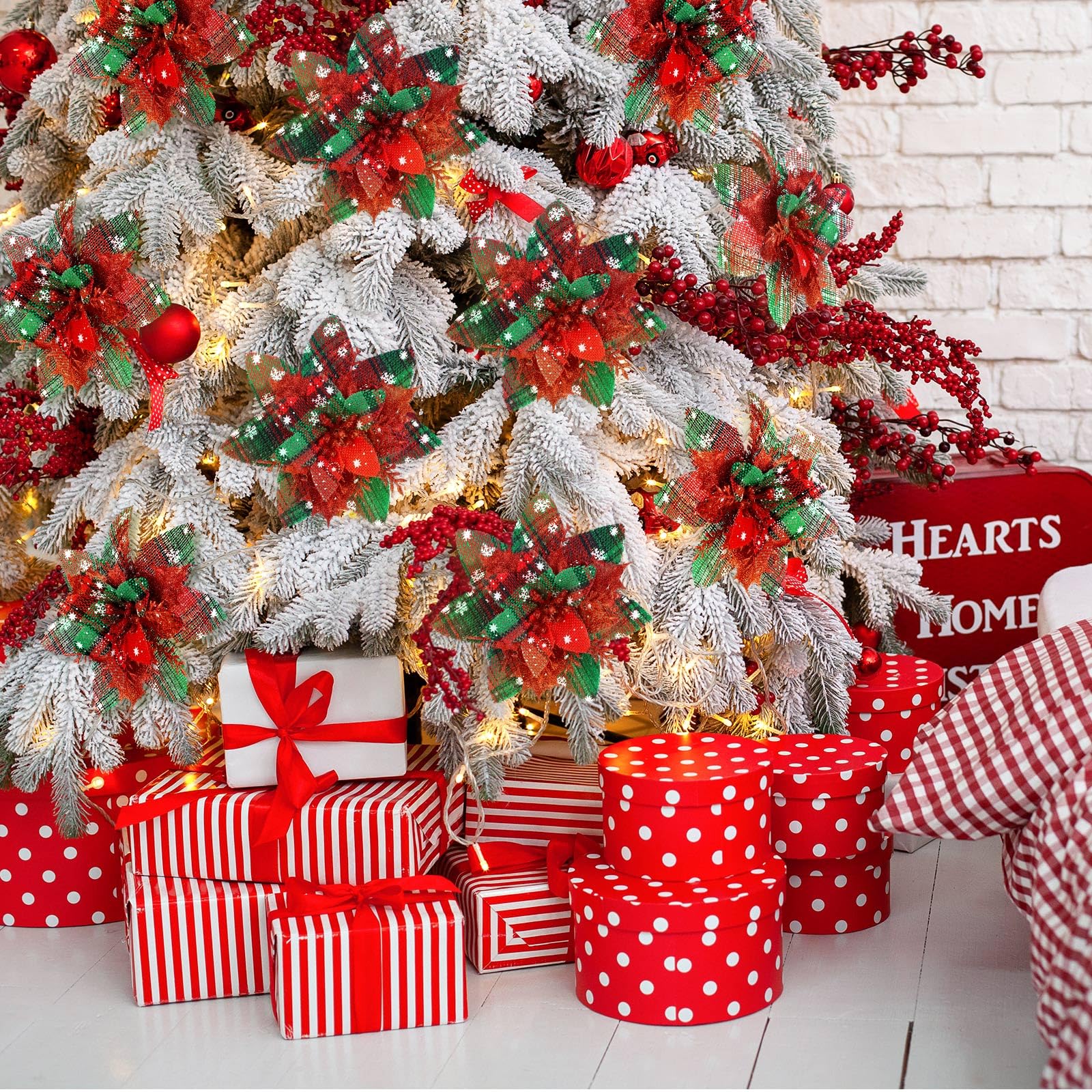Lot de 16 décorations de Noël, fleurs artificielles scintillantes avec clips, décorations pour sapin de Noël, pendentifs de fleurs artificielles - 5