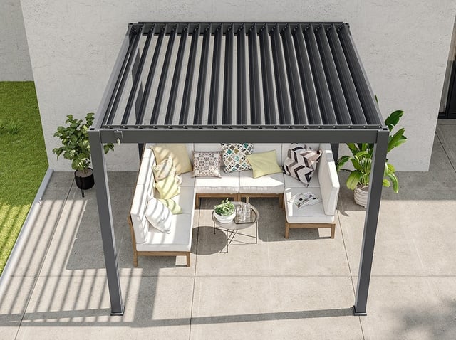 AURORA Pergola Bioclimatica Autoportante - 3x3 mt - Grigio Antracite - Lamelle Orientabili - Tenda Inclusa