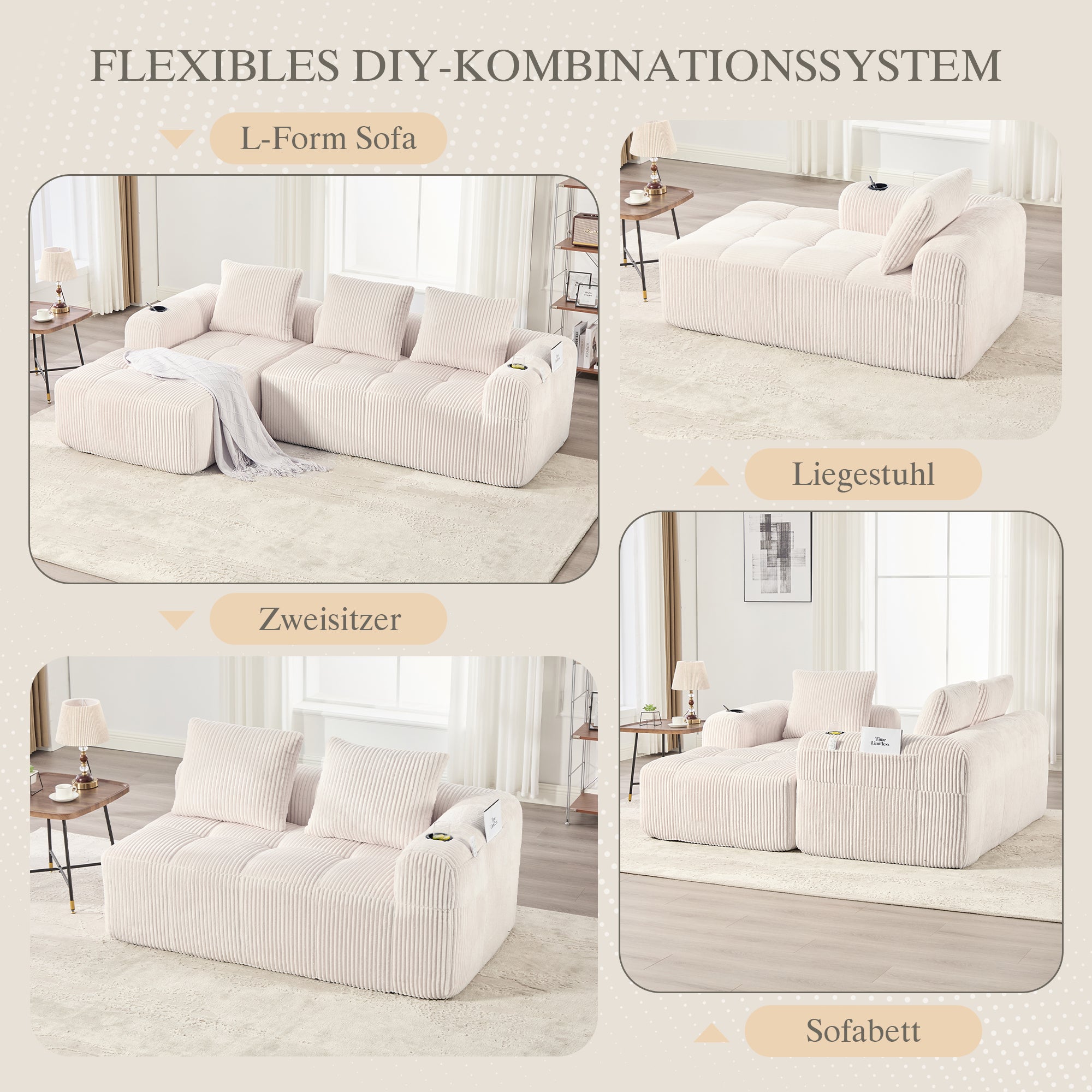 Canapé Modulable 253x158x61 cm, Canapé 4 place en Velours Côtelé avec Rangement et Porte-gobelets - Canapé d'angle sans Montage, beige - 6