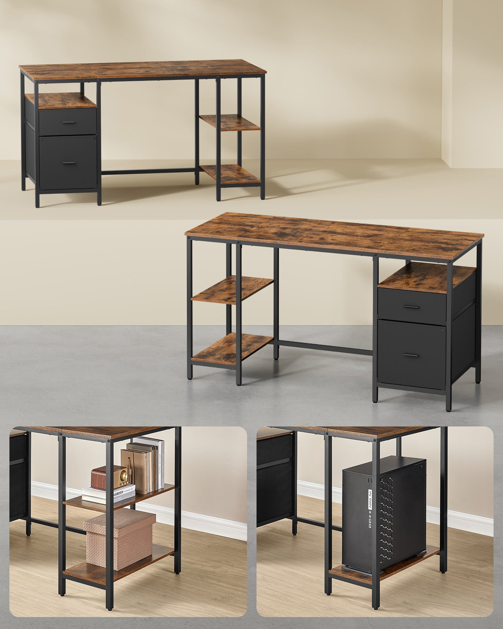 Bureau d’Ordinateur, Table avec Rangement, 3 Étagères, 2 Tiroirs, 60 x 140 x 76 cm, pour Bureau, Salon, Style Industriel, Marron Rustique et Noir - 3