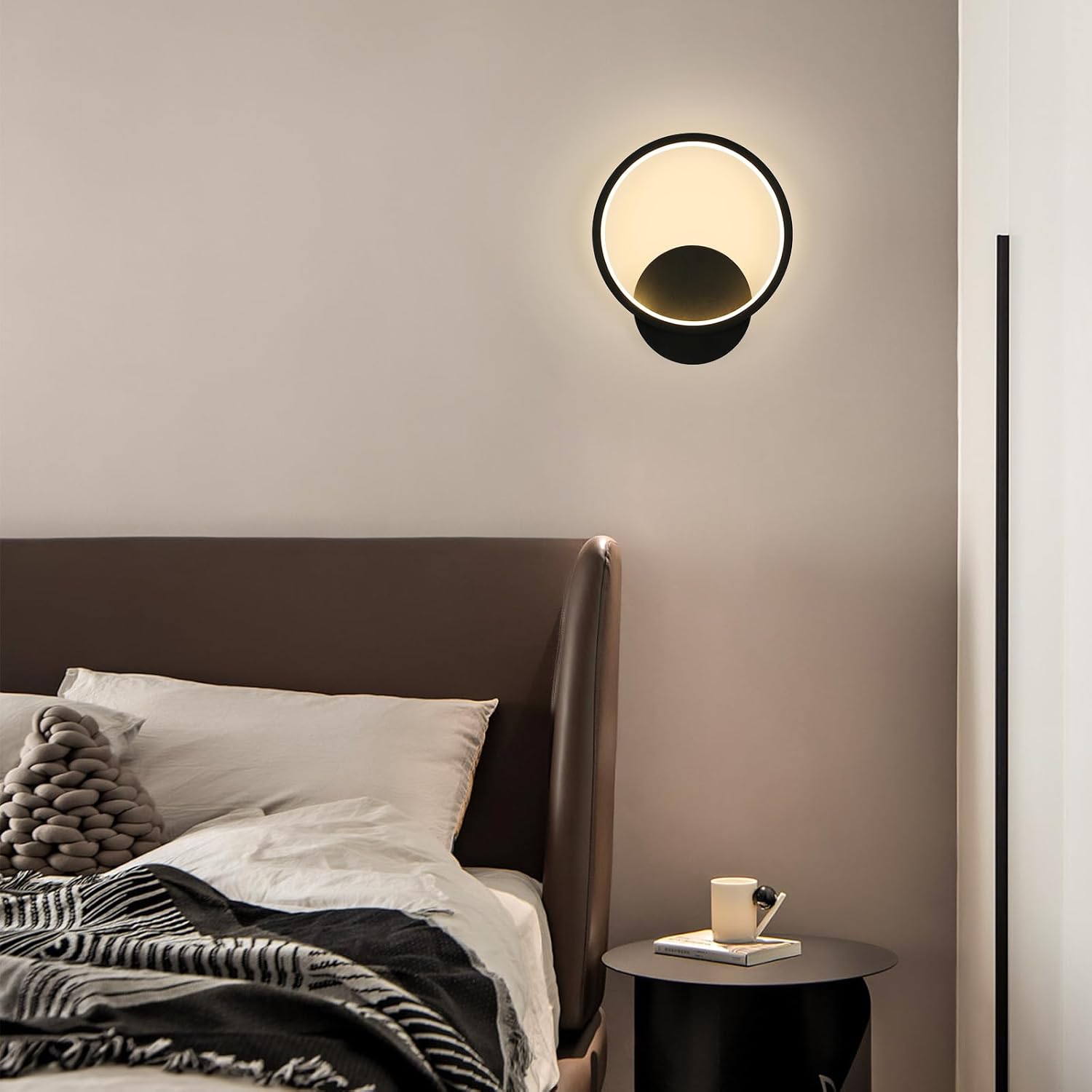 GOECO Applique Murale Intérieure LED - 12W Noir 3000K Lumière Blanche Chaude Ronde Lampe Murale Moderne pour Chambre Salon Couloir Escalier - Ø20cm - 8