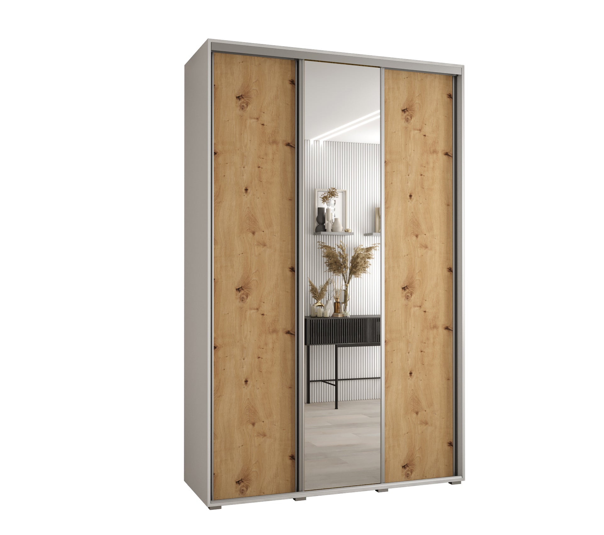 Szafa przesuwna z lustrem wysoka Davos 3 150 x 45 x 235,2 cm biały + artisan + u. srebrny - Abiks Meble