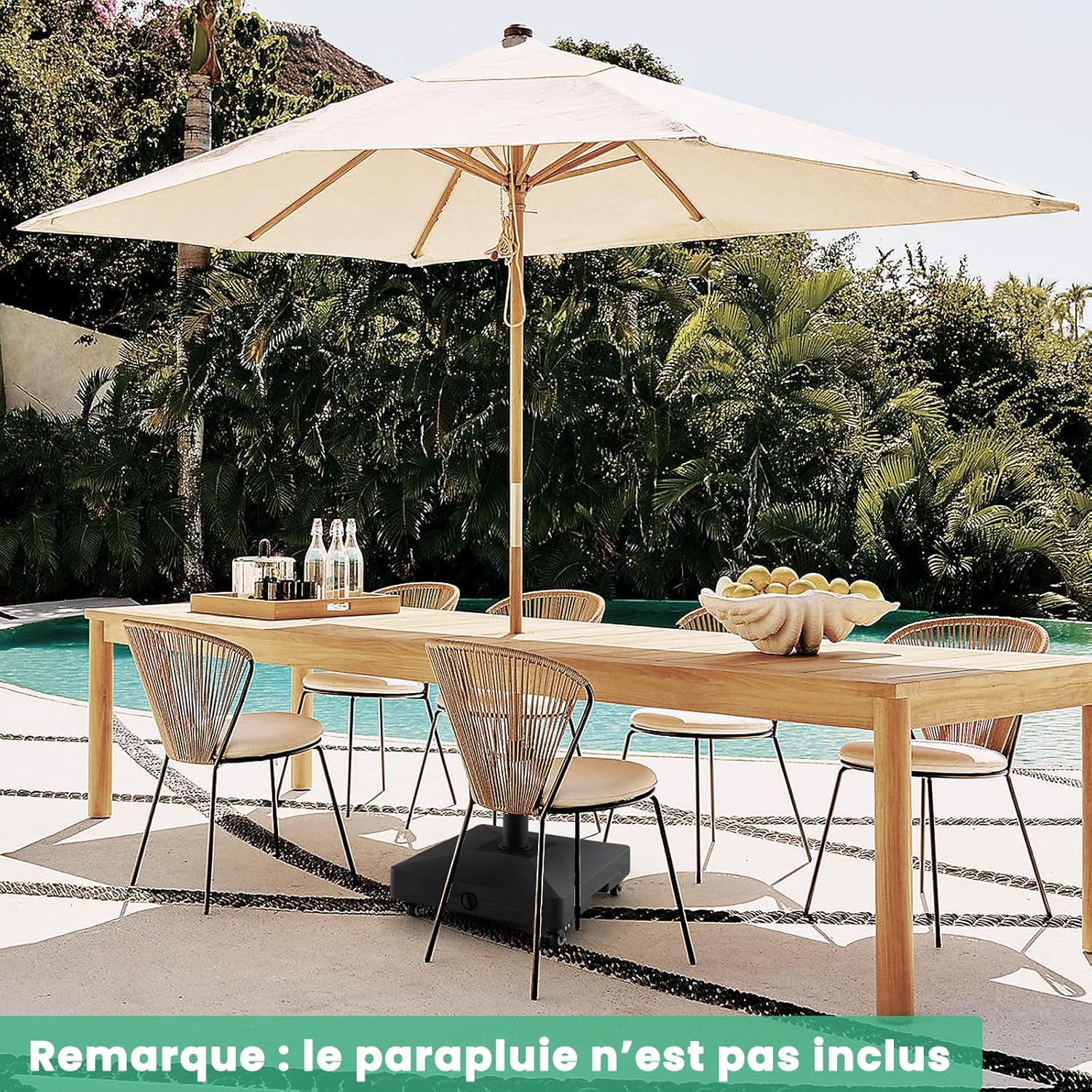 Pie de sombrilla con ruedas, soporte para sombrilla de 16 l y arena de 24,5 kg, apto para sombrilla Φ 32/48 mm, 2receptores, base sombrilla(52x41,5cm) - 3