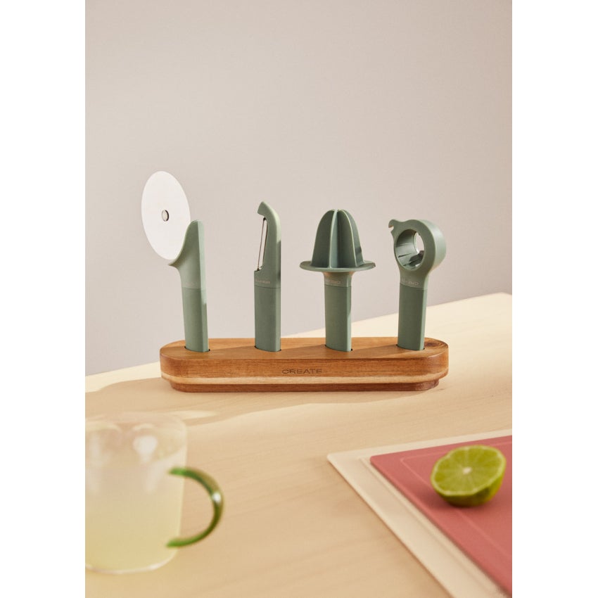 CREATE - KITCHENWARE STUDIO - Zestaw 4 przyborów kuchennych z drewnianym stojakiem - Sauge
