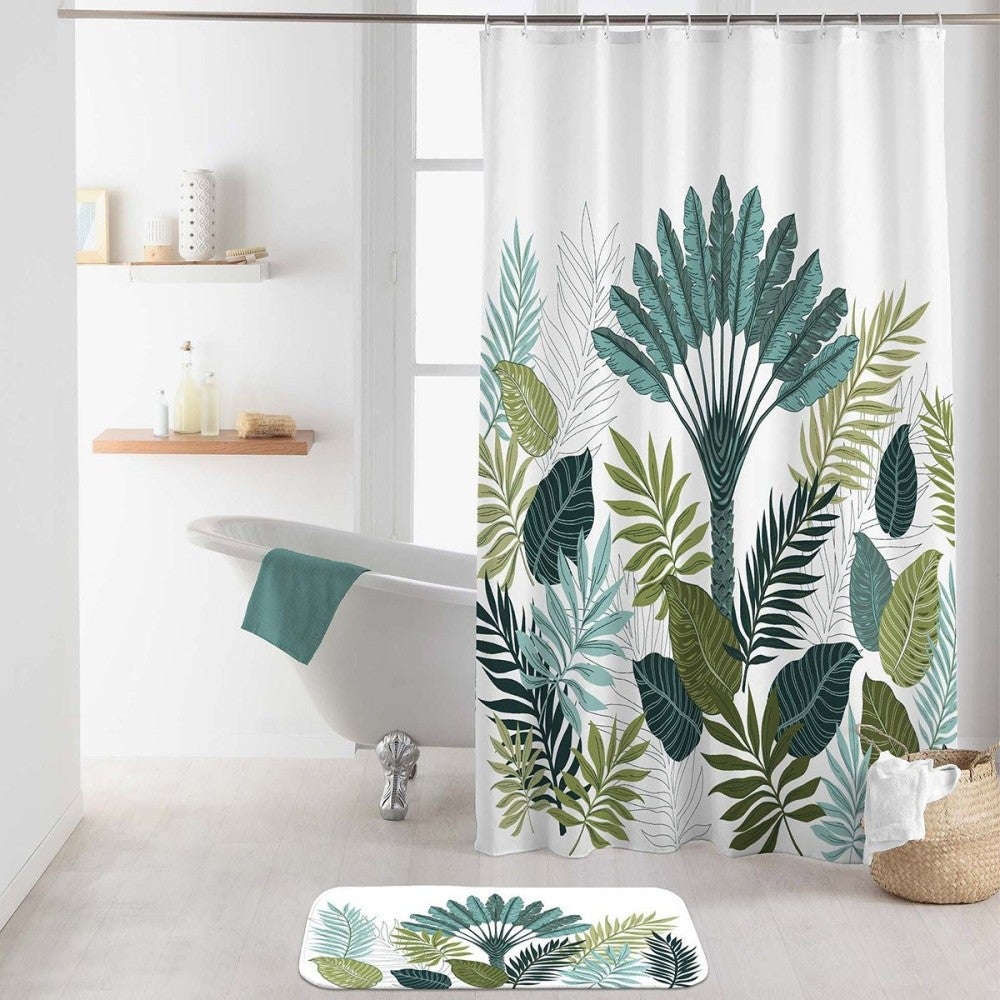 Rideau De Douche Bambou Motif Feuilles Vert - 180x180 Cm, Anti-moisissure, Imperméable Polyester, Avec 12 Crochets