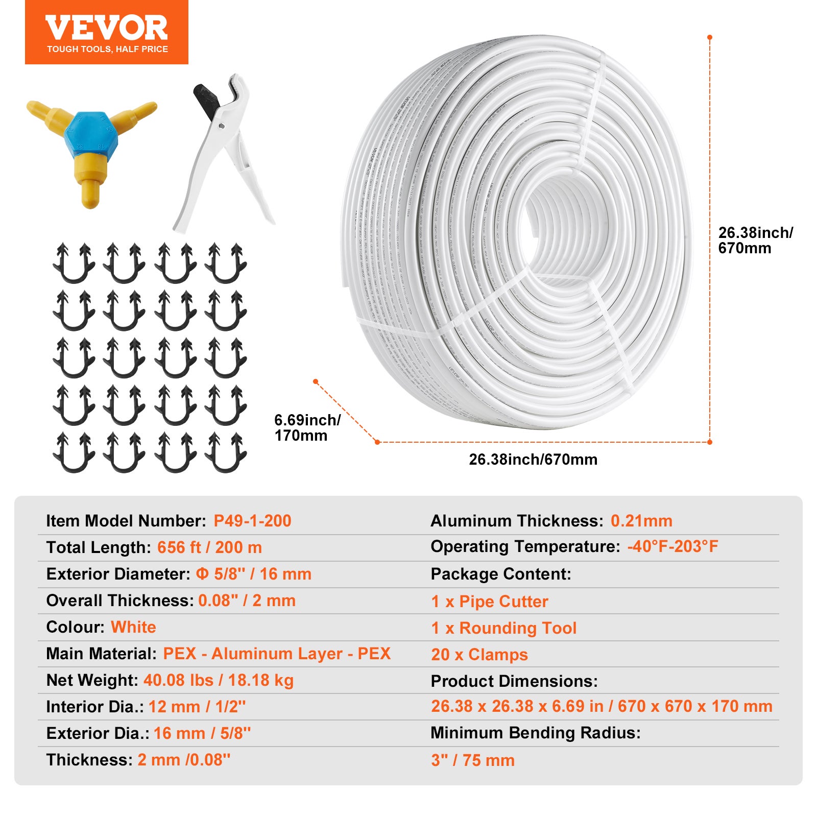 Tuyau PEX AL PEX Chauffage Sol VEVOR 200 m Rouleau Tube PEX-AL-PEX Composite Aluminium-Plastique Φ 16 mm Épaisseur 2 mm Barrière Oxygène Tuyau pour - 6