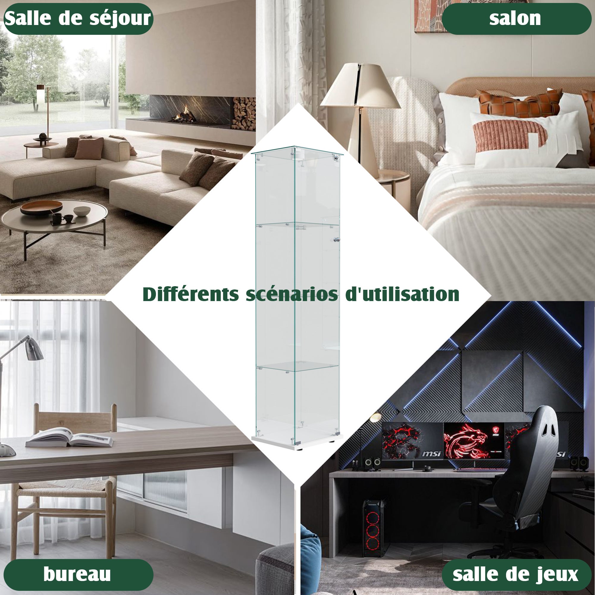 Vitrine en verre - 1 portes - 4 niveaux - Lumière LED - plaque de fond - 39.8x35x163cm - blanc - 5