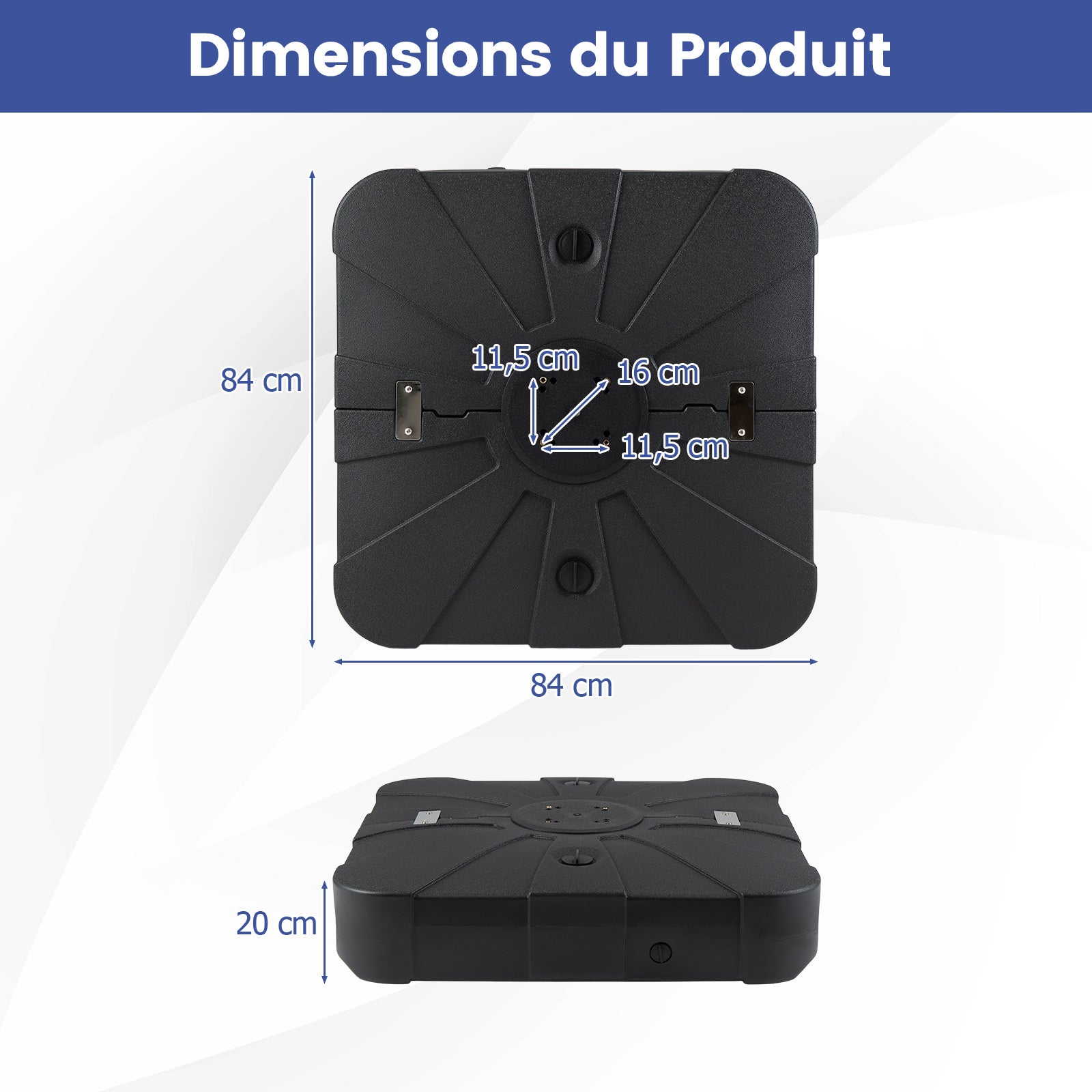 Pied de Parasol Déporté avec roulettes, Support Parasol en HDPE, Remplissable 130 kg Sable& Eau/120 kg Sable/107 kg Eau, 84 x 84 x 20 cm - 4