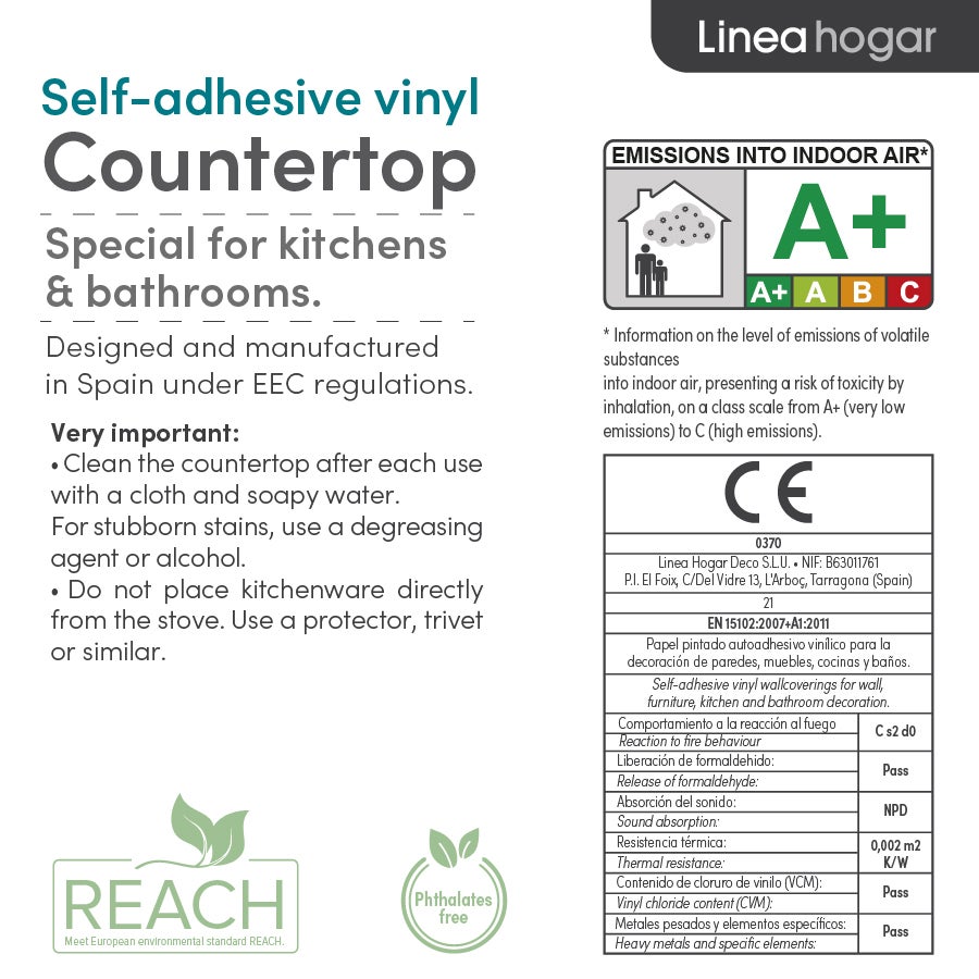 REMO: Vinyle adhésif pour plan de travail de cuisine et salle de bain. Résistant aux taches. Imperméable. Facile à poser et à nettoyer. 0,65x2m - 8