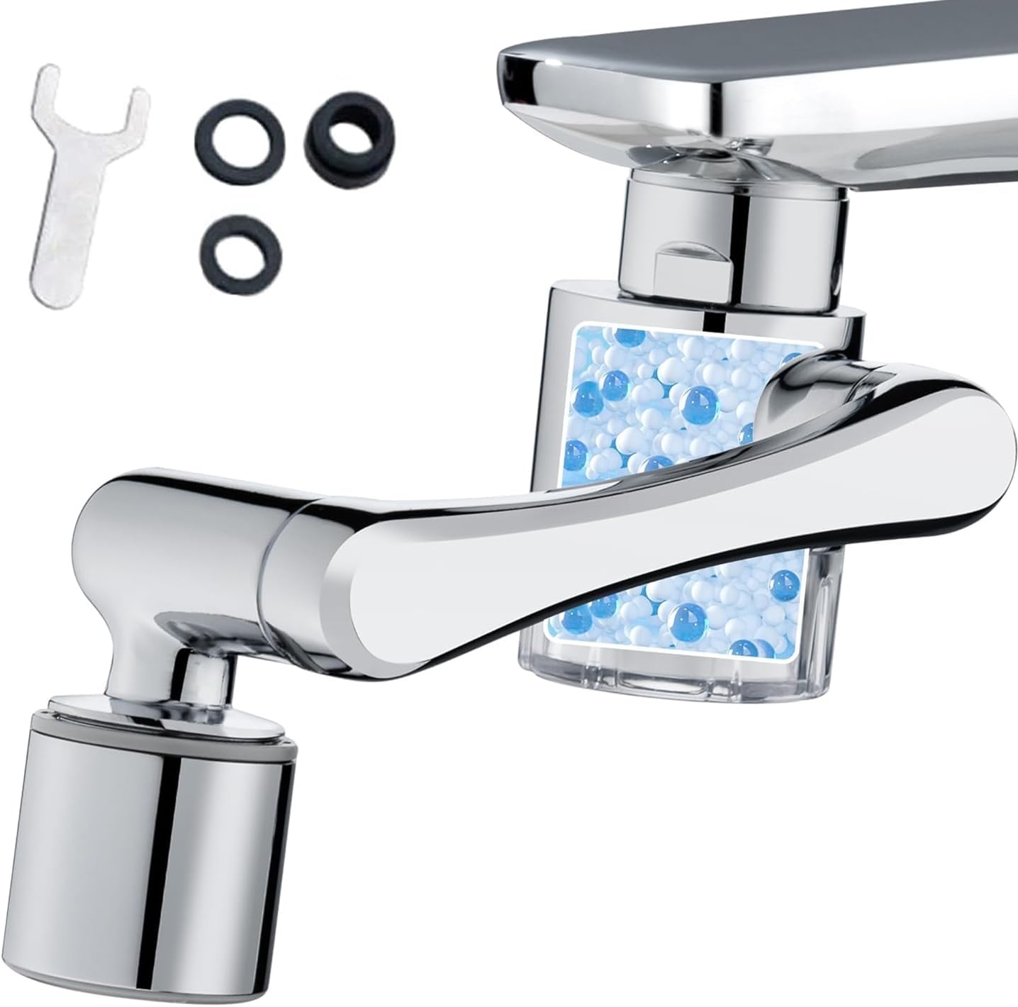 Filtru anticalcar rotativ universal, aerator transparent multifuncțional. Prelungitor pentru bucătărie și baie. De culoare argintie și durabil.